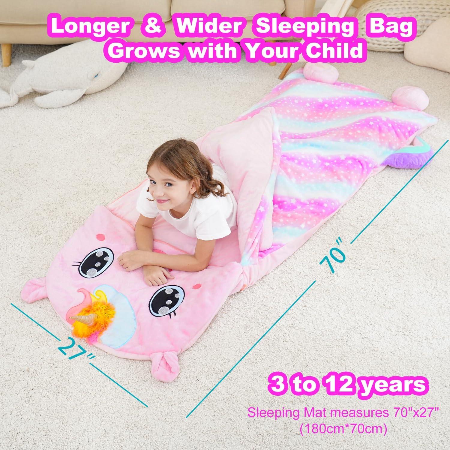 Saco de dormir rosa Micling para niños 3-12 años con almohada