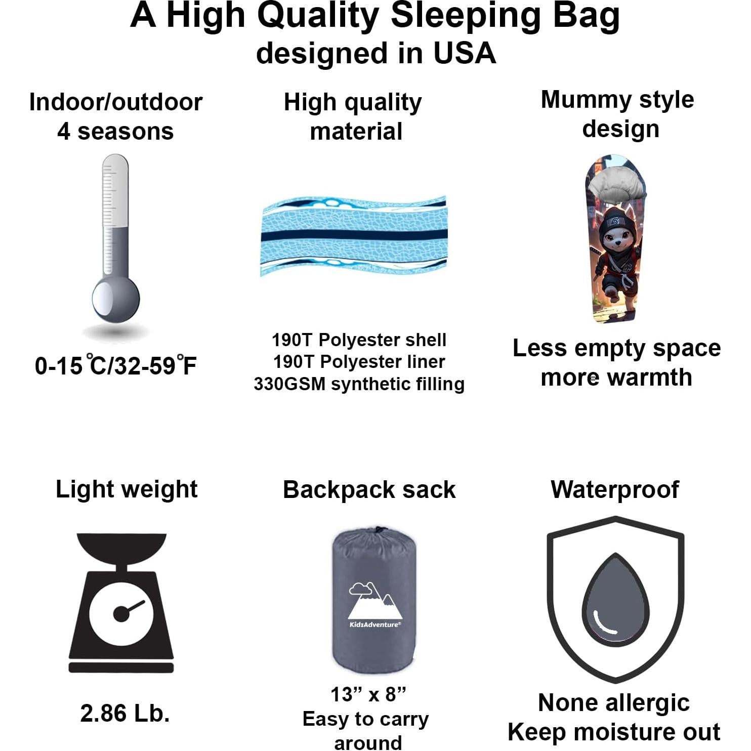 Saco de dormir momia KidzAdventure 185 cm 0-15 °C para niños