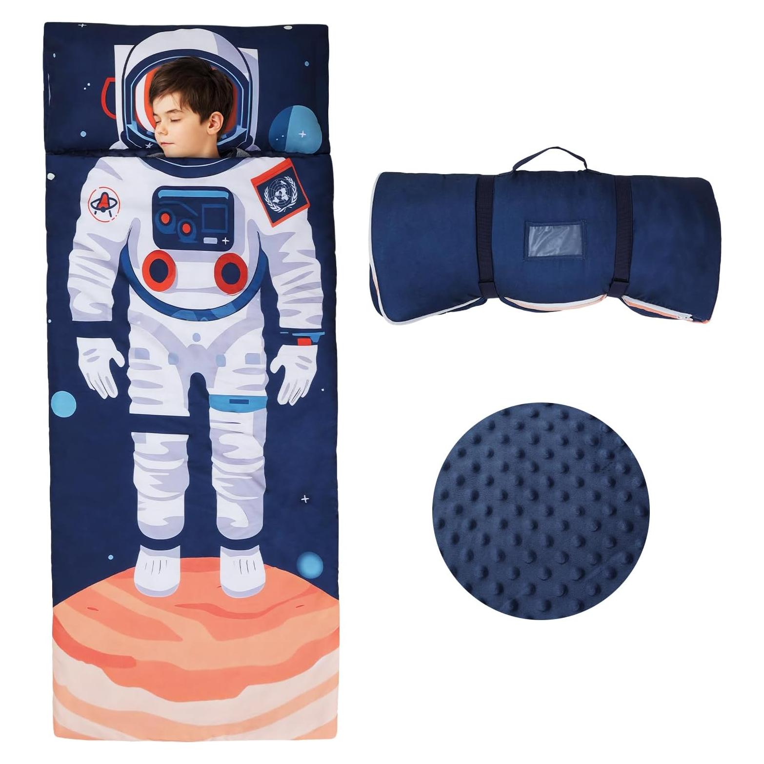 Kids Sleeping Bag Toddler Nap Mat with Removable Pillow, Large Foldable Sleeping Bag for Girls Boys, Easy Clean Slumber Bag with Double Zip for Camping School Preschool Daycare, 59×24 inch