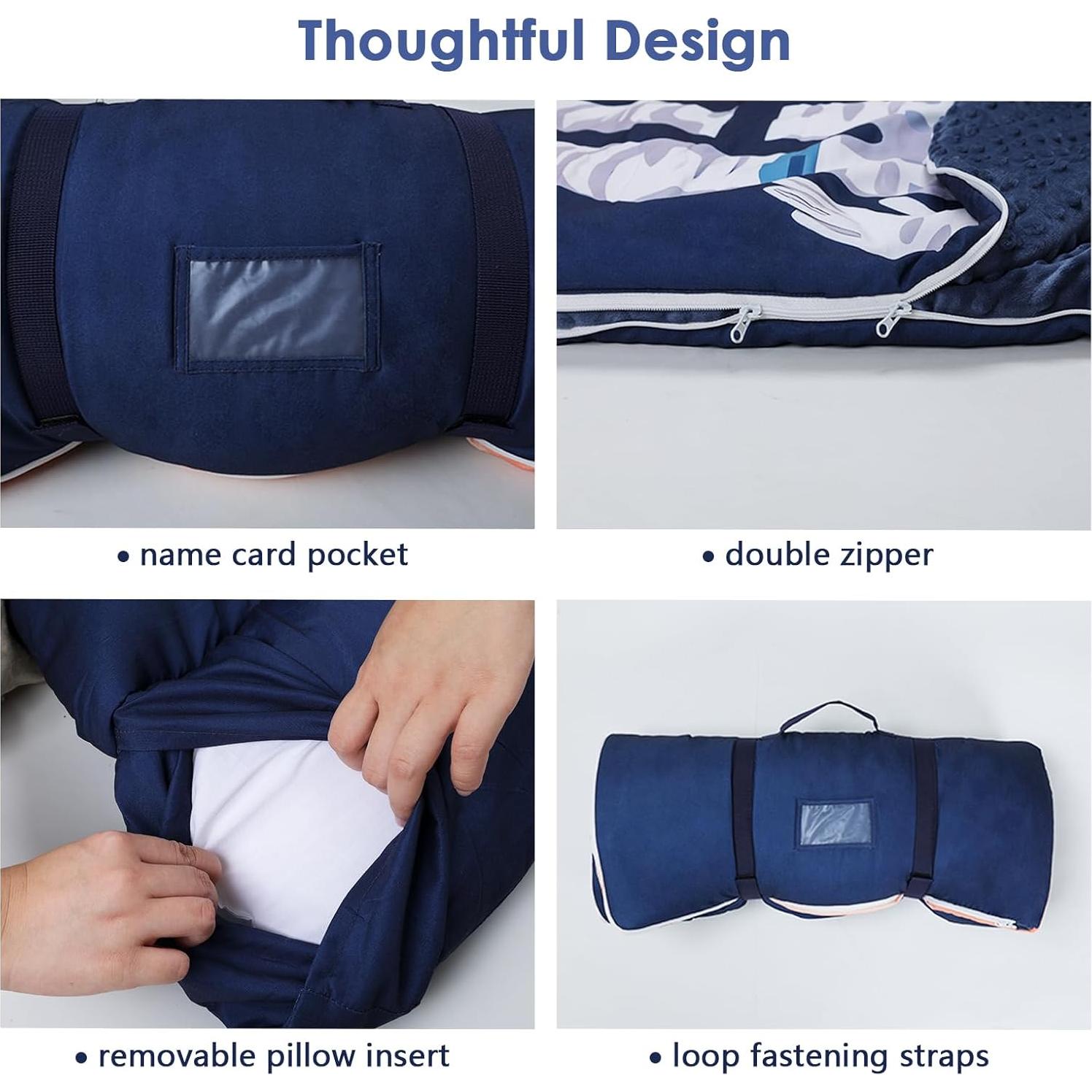 Kids Sleeping Bag Toddler Nap Mat with Removable Pillow, Large Foldable Sleeping Bag for Girls Boys, Easy Clean Slumber Bag with Double Zip for Camping School Preschool Daycare, 59×24 inch