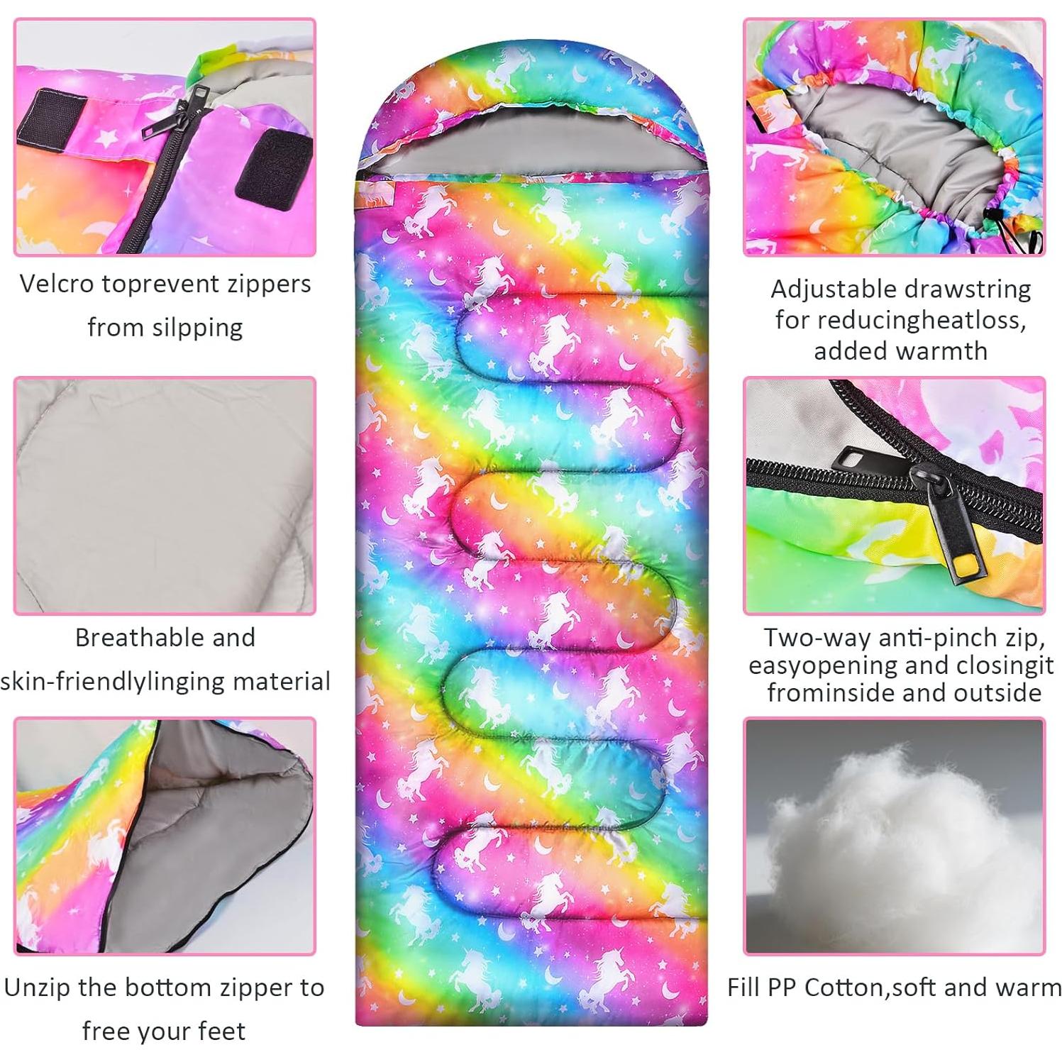 Saco de dormir infantil AuSletie 3 temporadas Unicornio 178x70cm