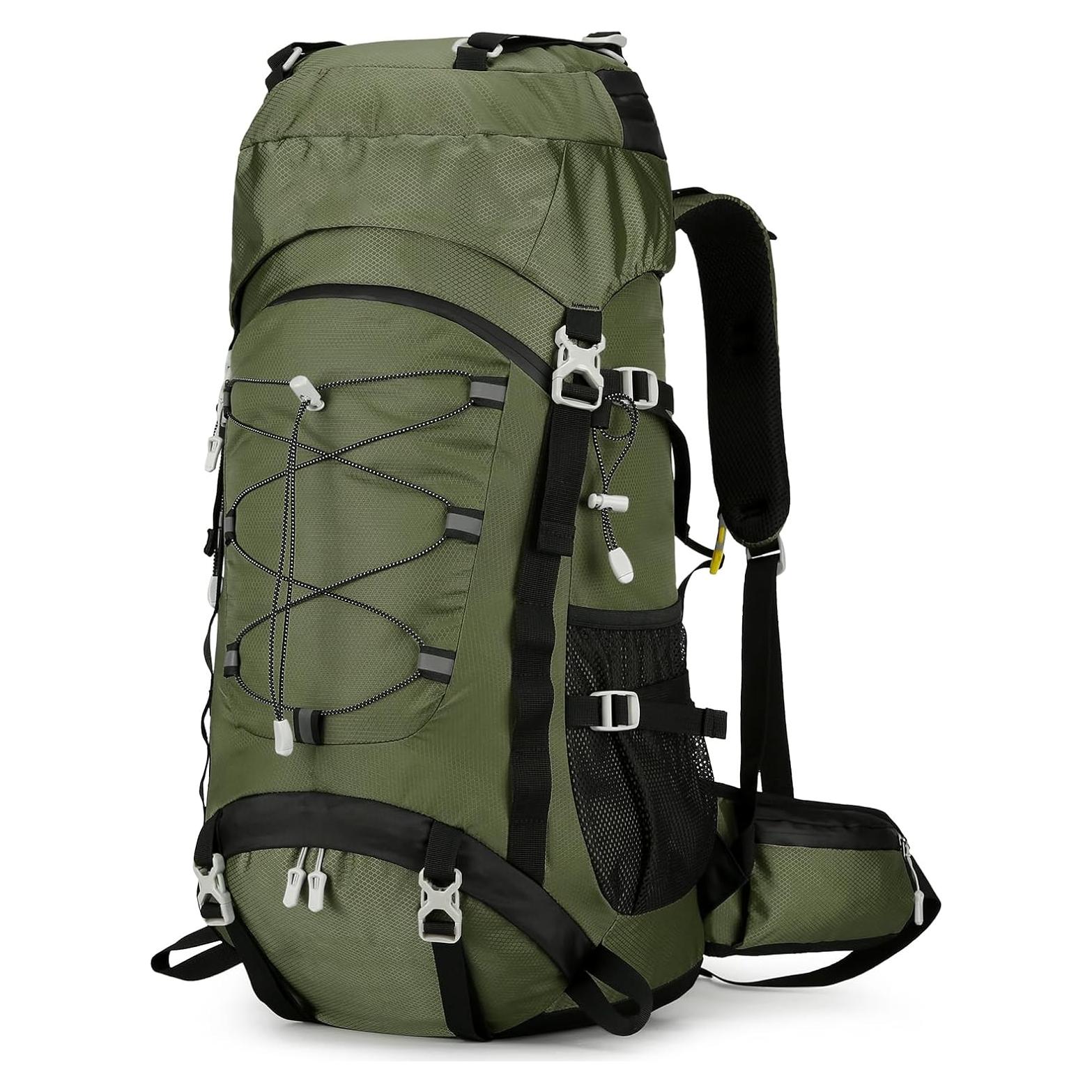 60L Waterproof Backpacking Hiking Backpack with Rain Cover for Men Women, Large Camping Backpack, Green