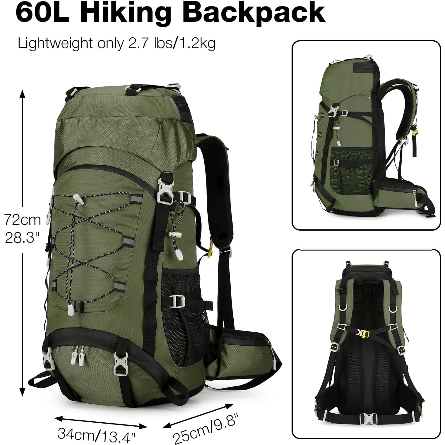 60L Waterproof Backpacking Hiking Backpack with Rain Cover for Men Women, Large Camping Backpack, Green