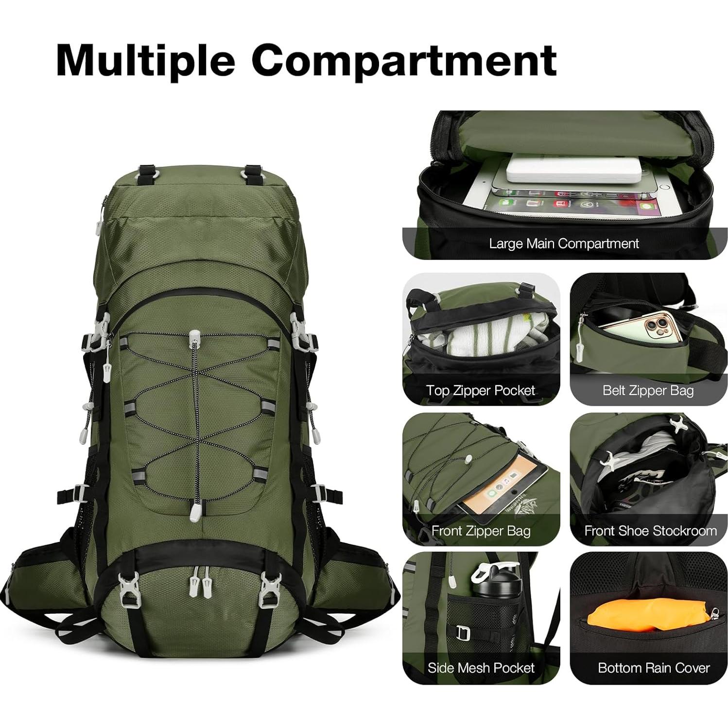 60L Waterproof Backpacking Hiking Backpack with Rain Cover for Men Women, Large Camping Backpack, Green