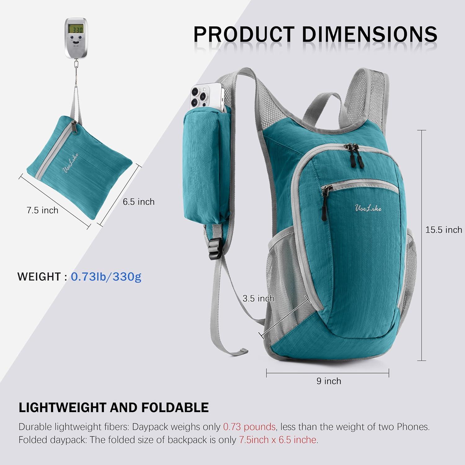 Mochila de Senderismo Plegable 10L Nylon Resistente al Agua Azul Teal
