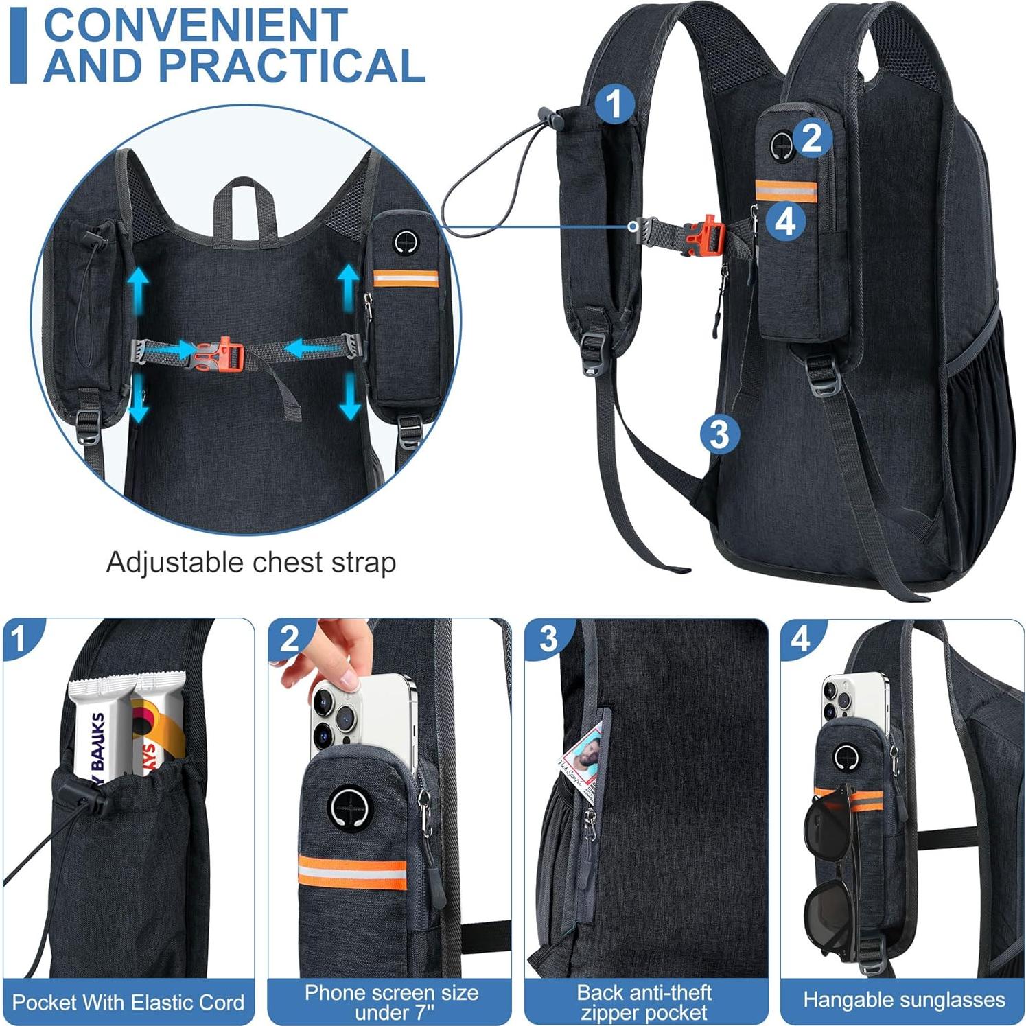 Mochila de Senderismo Plegable 15L Unisex Negra - Ultraligera