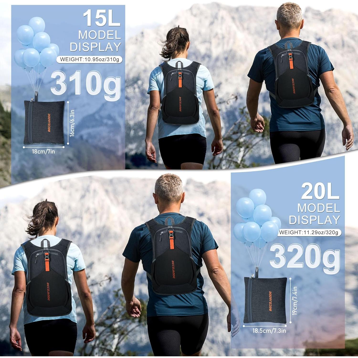 Mochila de Senderismo Plegable 15L Unisex Negra - Ultraligera