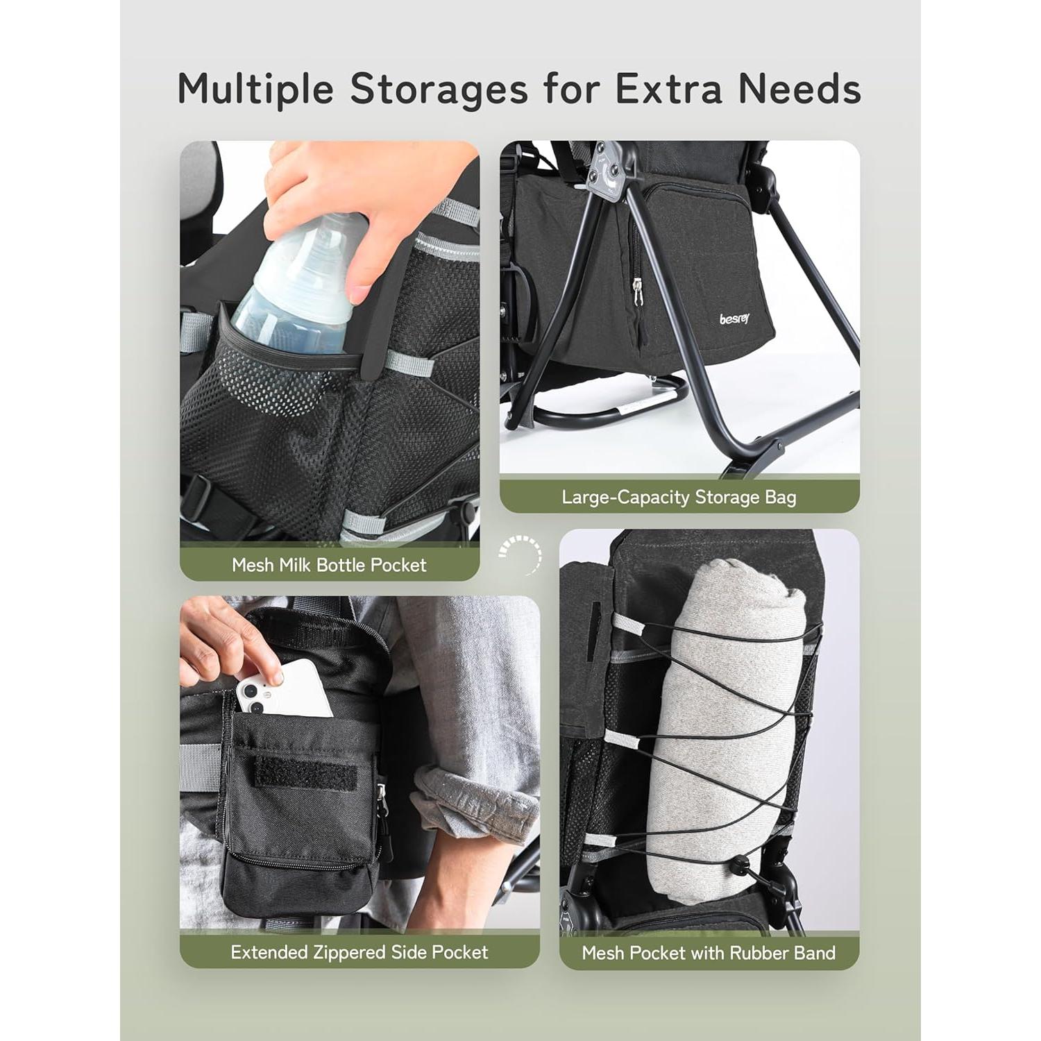 Mochila Portabebés Besrey Negra para Senderismo con Asiento Ajustable