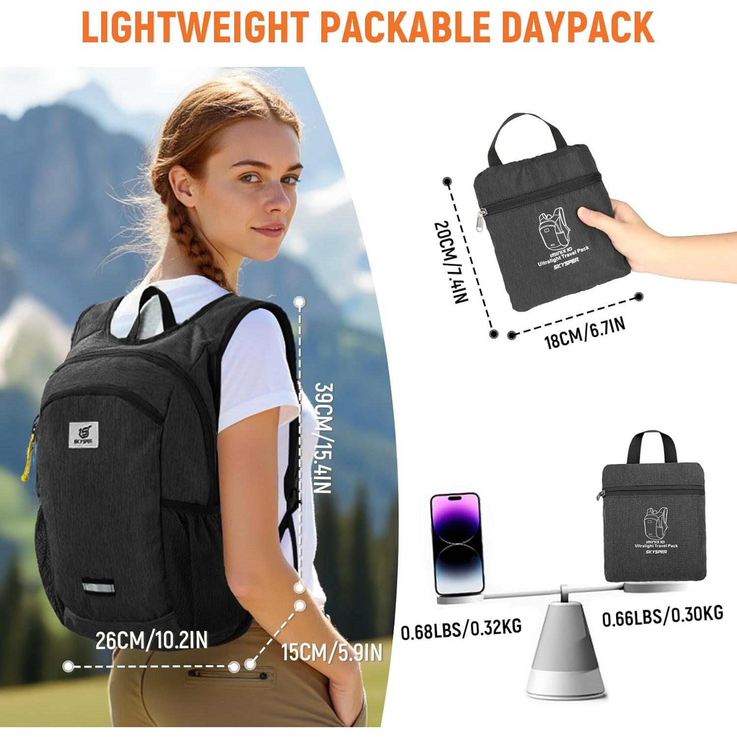 Mochila de Senderismo SKYSPER 10L Plegable Negra Ligera