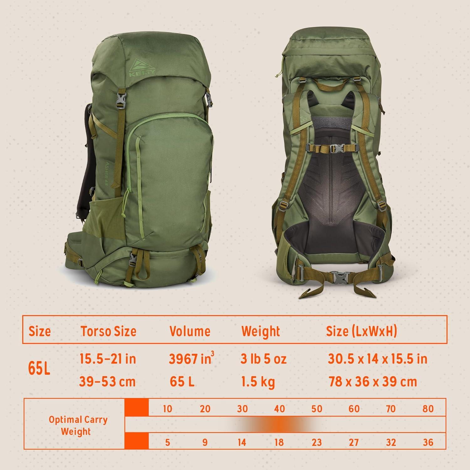 Kelty Asher Day Hiking Pack, 18-85 Liter Capacity, Hiking, Backpacking, Travel Pack, Internal Frame 2023 Model (65L Winter Moss)