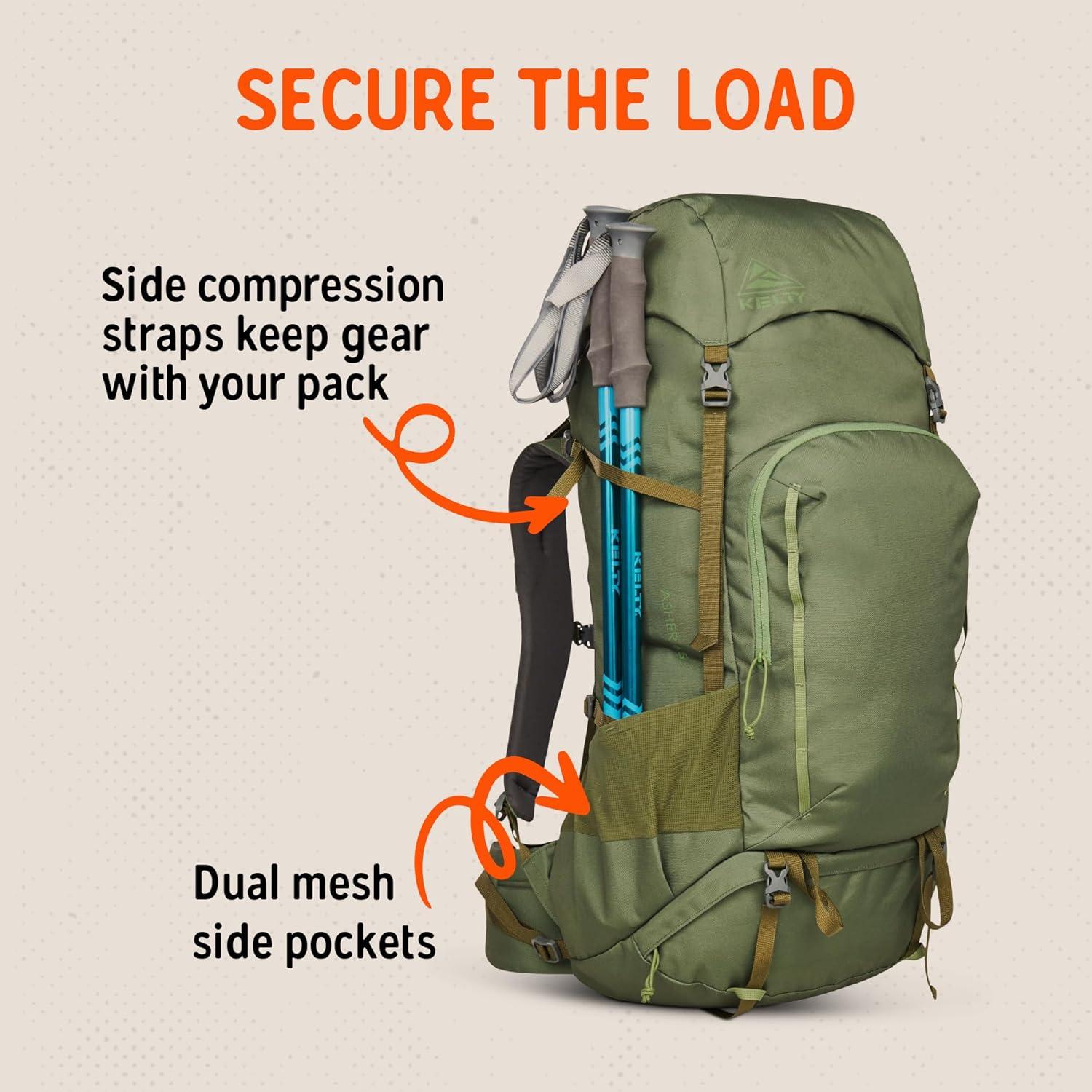 Kelty Asher Day Hiking Pack, 18-85 Liter Capacity, Hiking, Backpacking, Travel Pack, Internal Frame 2023 Model (65L Winter Moss)