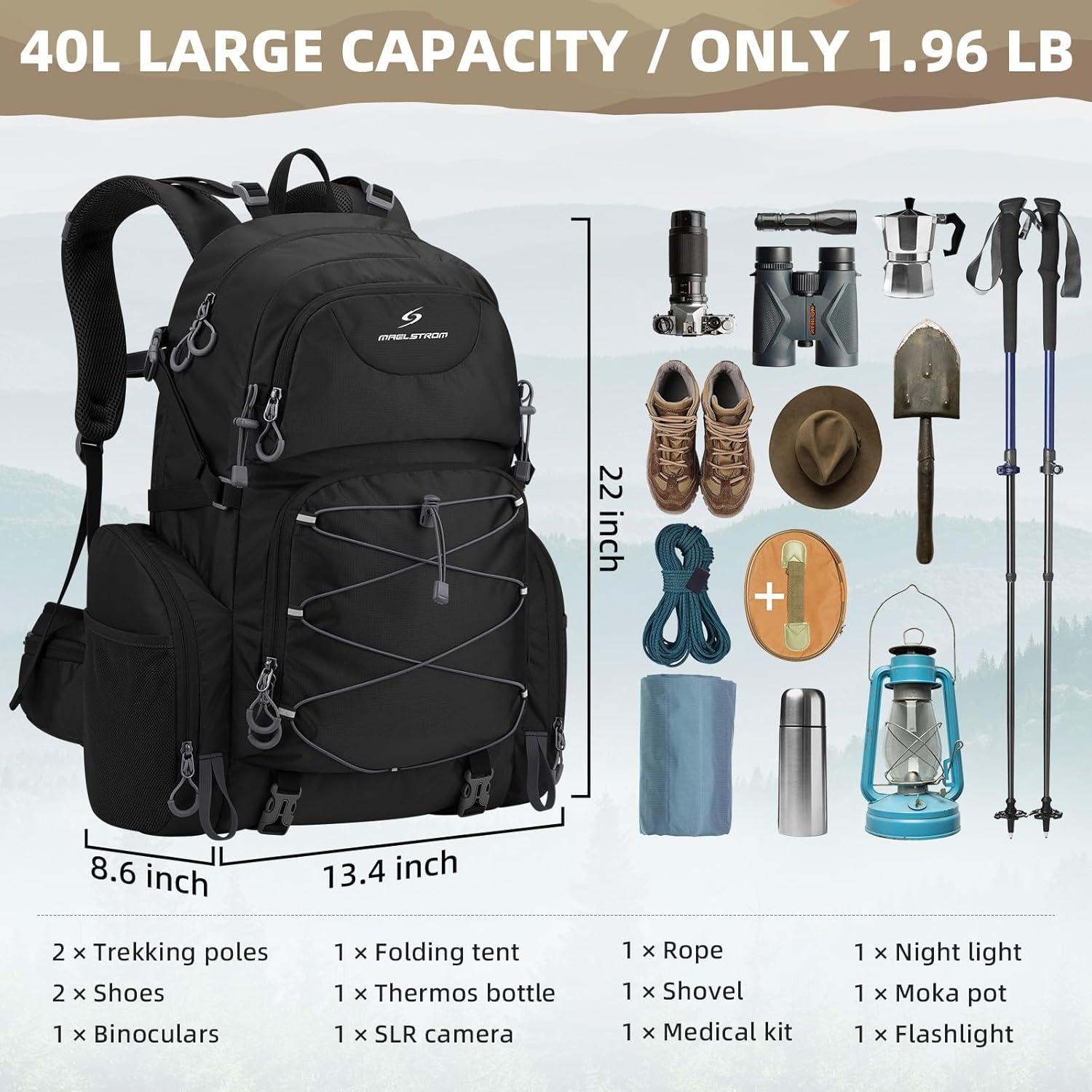 Hiking Backpack, 40L Waterproof Camping Daypack for Men and Women, Lightweight Travel Pack with Rain Cover-Black