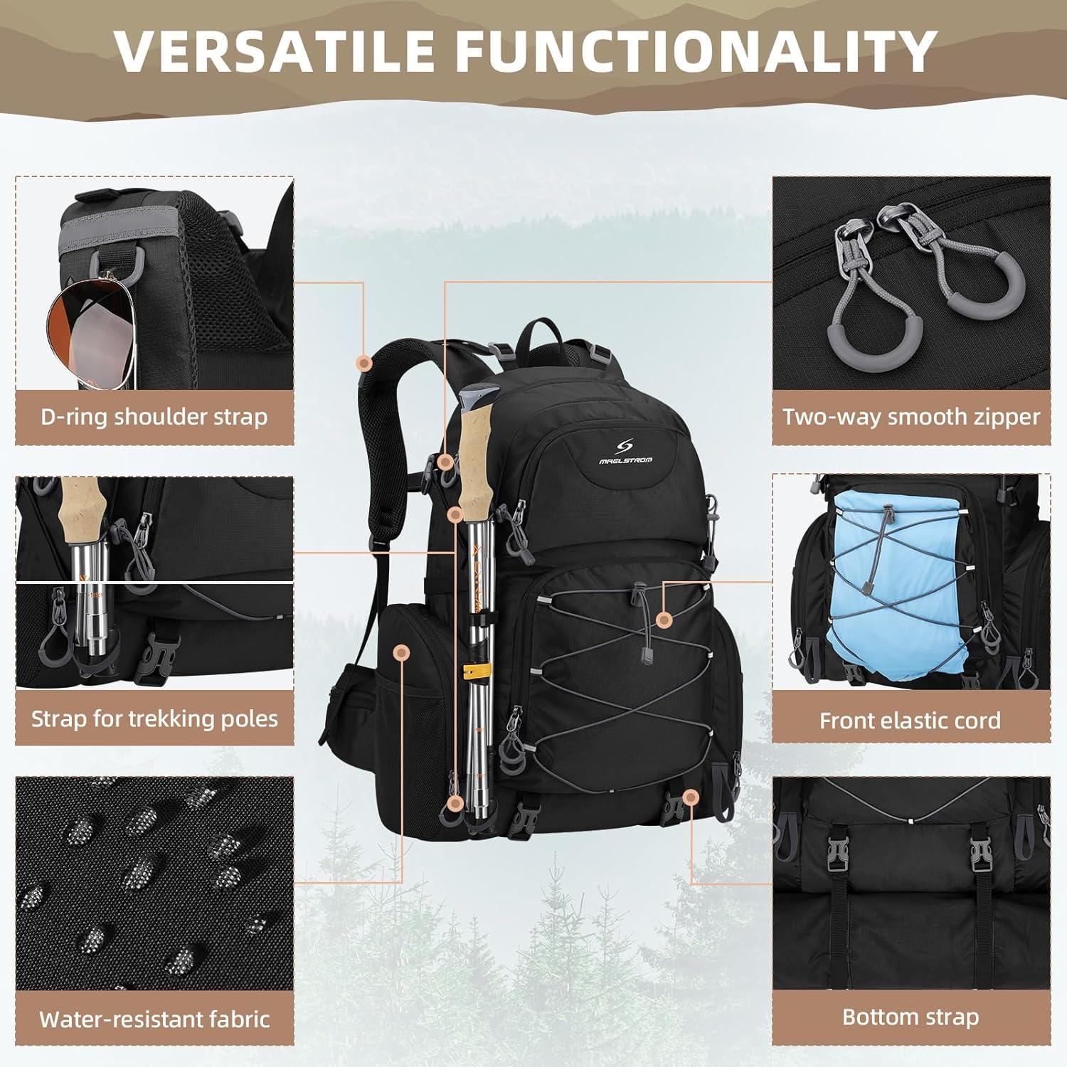 Hiking Backpack, 40L Waterproof Camping Daypack for Men and Women, Lightweight Travel Pack with Rain Cover-Black