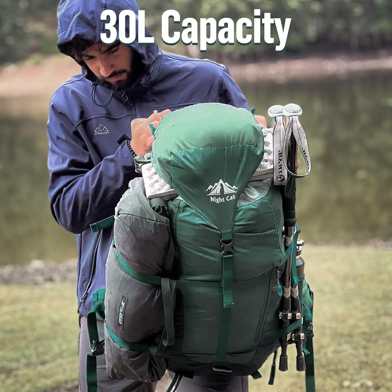 Internal-frame Hiking Backpack: 30L Camping Backpack for Men Women Lightweight Waterproof Rain Cover Green