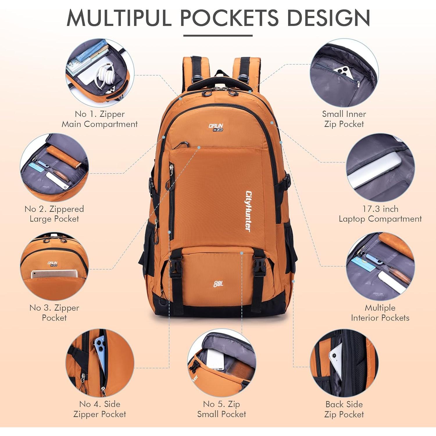 BAGZY Hiking Backpack Waterproof 80L Lightweight Travel Backpack Large Daypack Camping Backpacking for Men Women Black