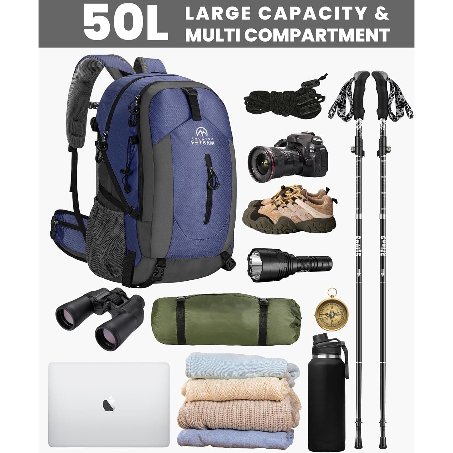 Mochila de Senderismo OutdoorMaster 50L Impermeable Azul