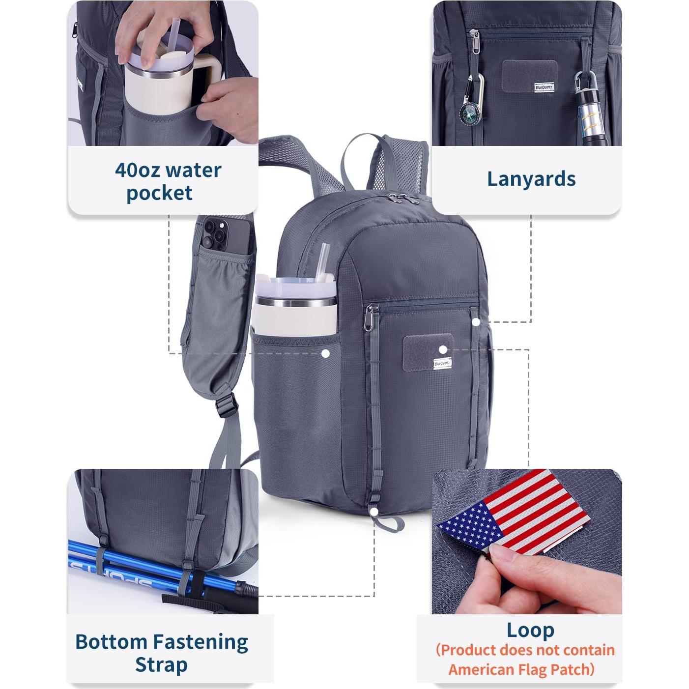 15L Small Hiking Backpack with Chest Pockets for Phone, Ultralight Hiking Daypack with Sternum Straps, Lightweight Foldable Packable Back Pack for Women Men(patent pending)