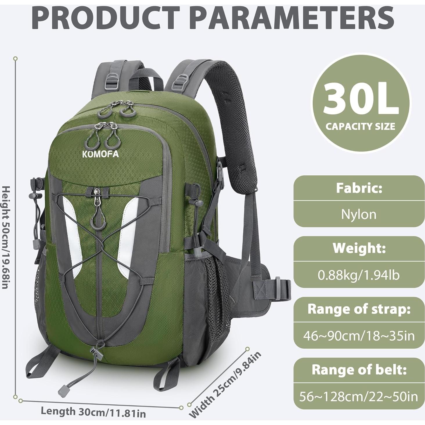 Mochila de Senderismo 30L Unisex Verde Ejército Ligera