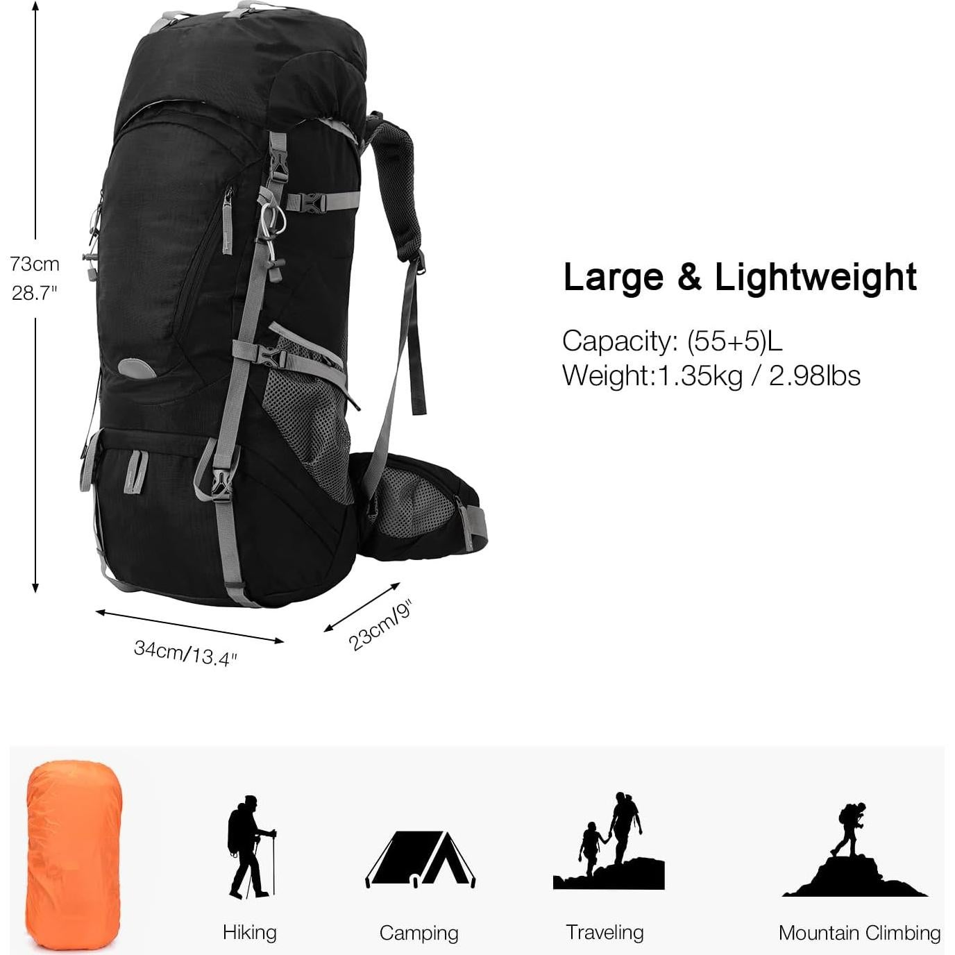 Mochila de Senderismo 60L Outplea Impermeable Negra