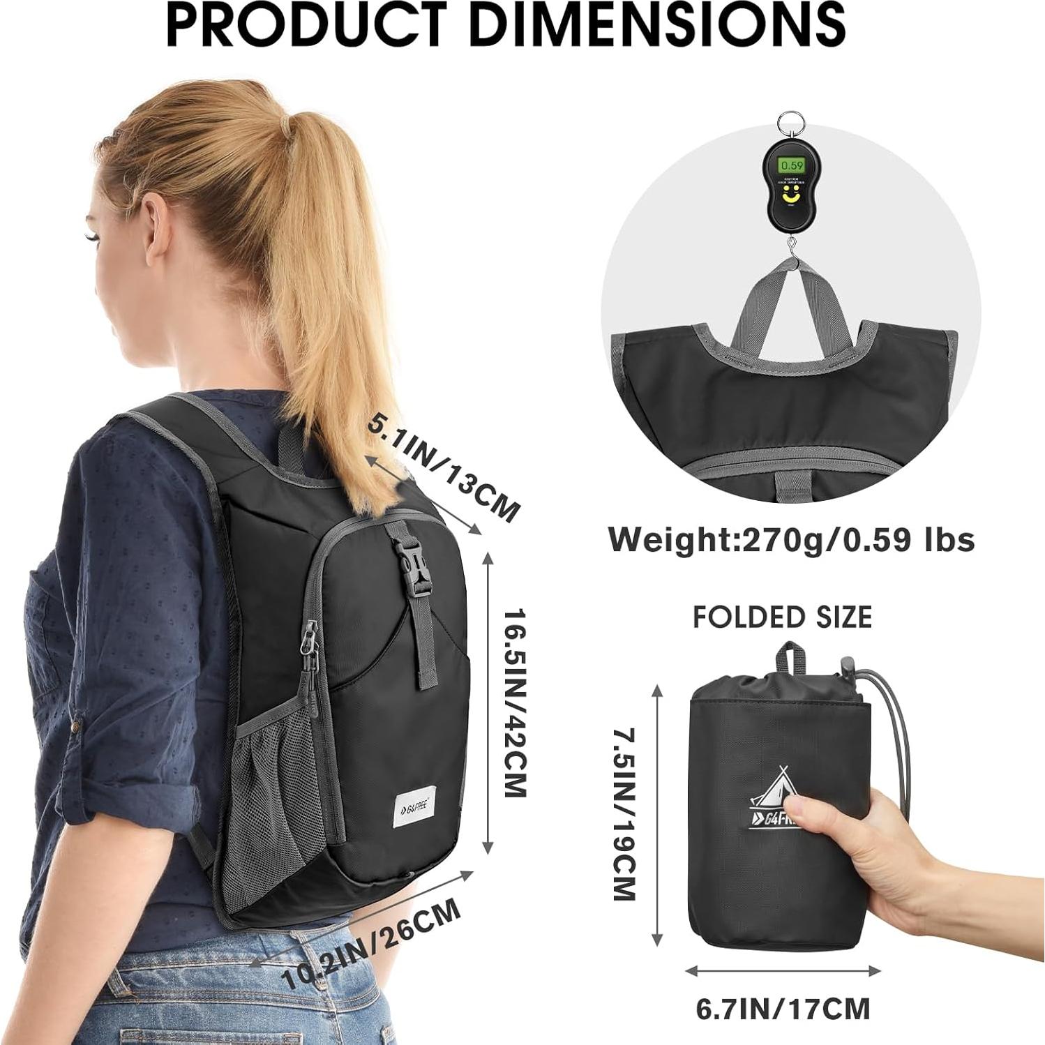 Mochila de Senderismo Plegable G4Free 10L Ligera Negra