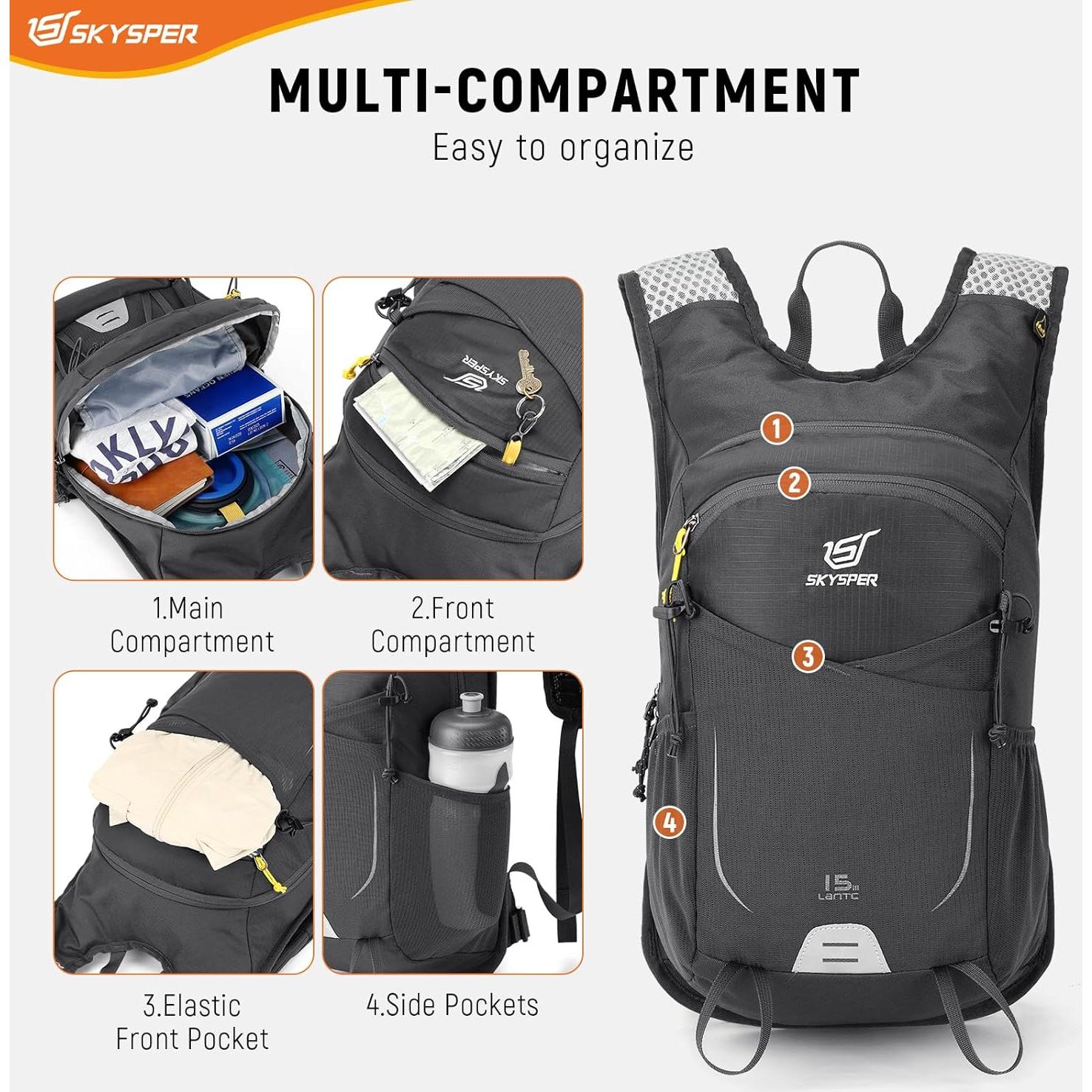 Mochila de Senderismo SKYSPER 15L Gris Unisex Ligera y Transpirable