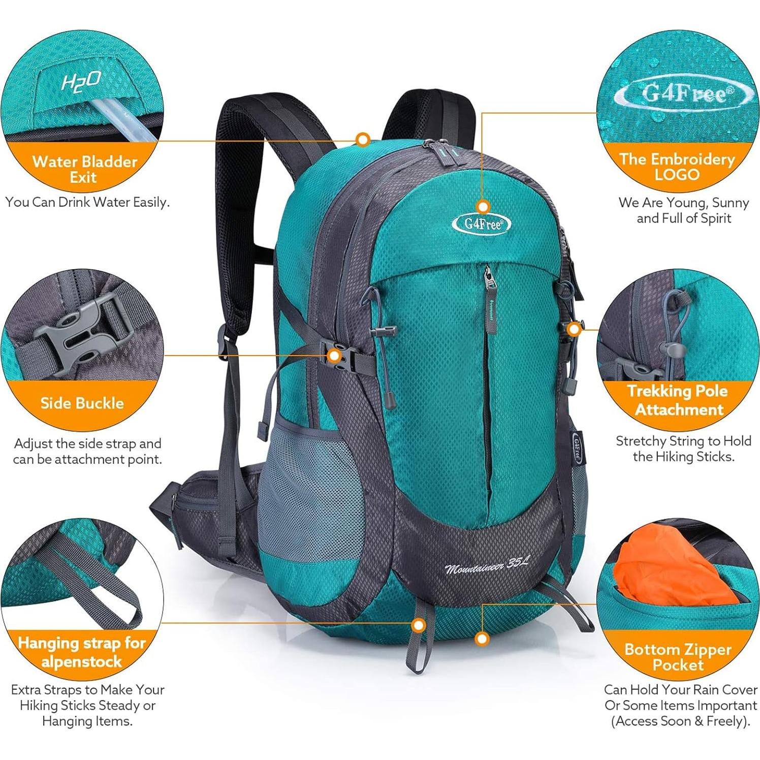 35L Hiking Backpack Water Resistant Outdoor Sports Travel Daypack Lightweight with Rain Cover for Women Men (Peacock Green)