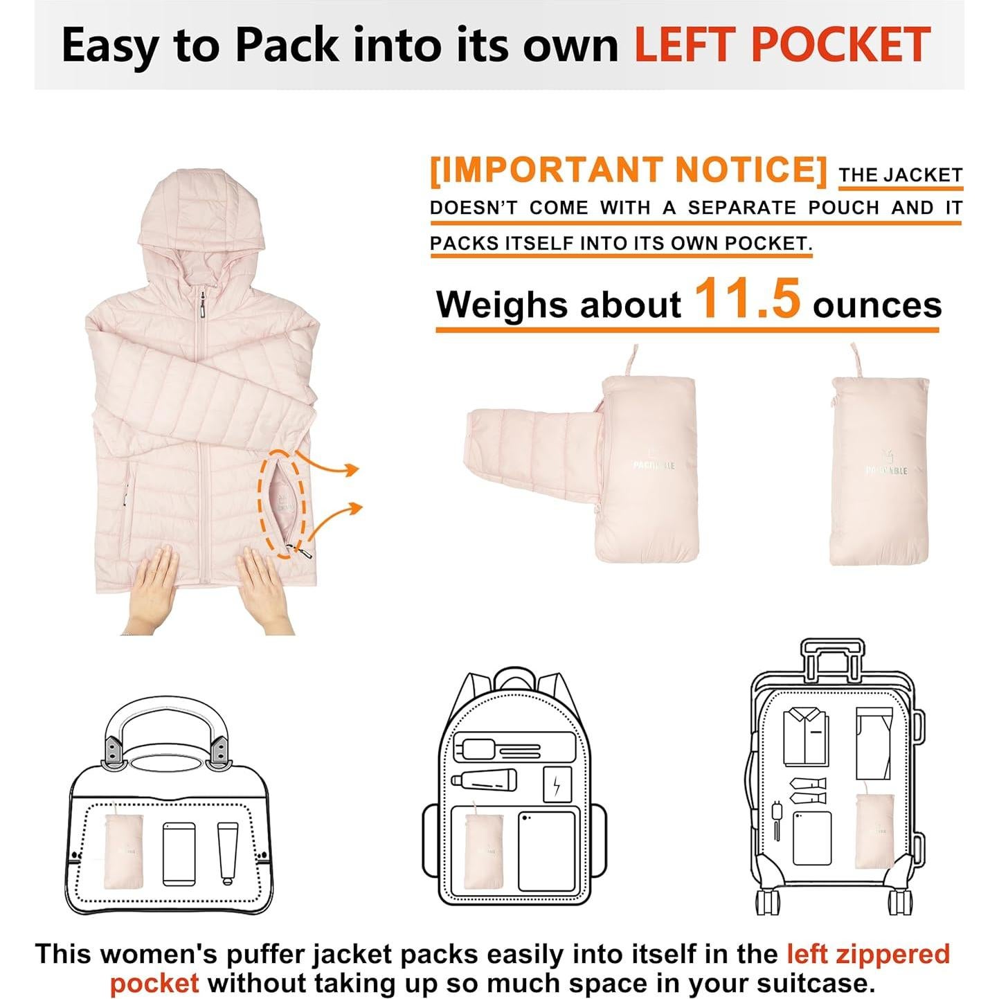 Chaqueta Puffer Ligera Outdoor Ventures para Mujeres Rosa