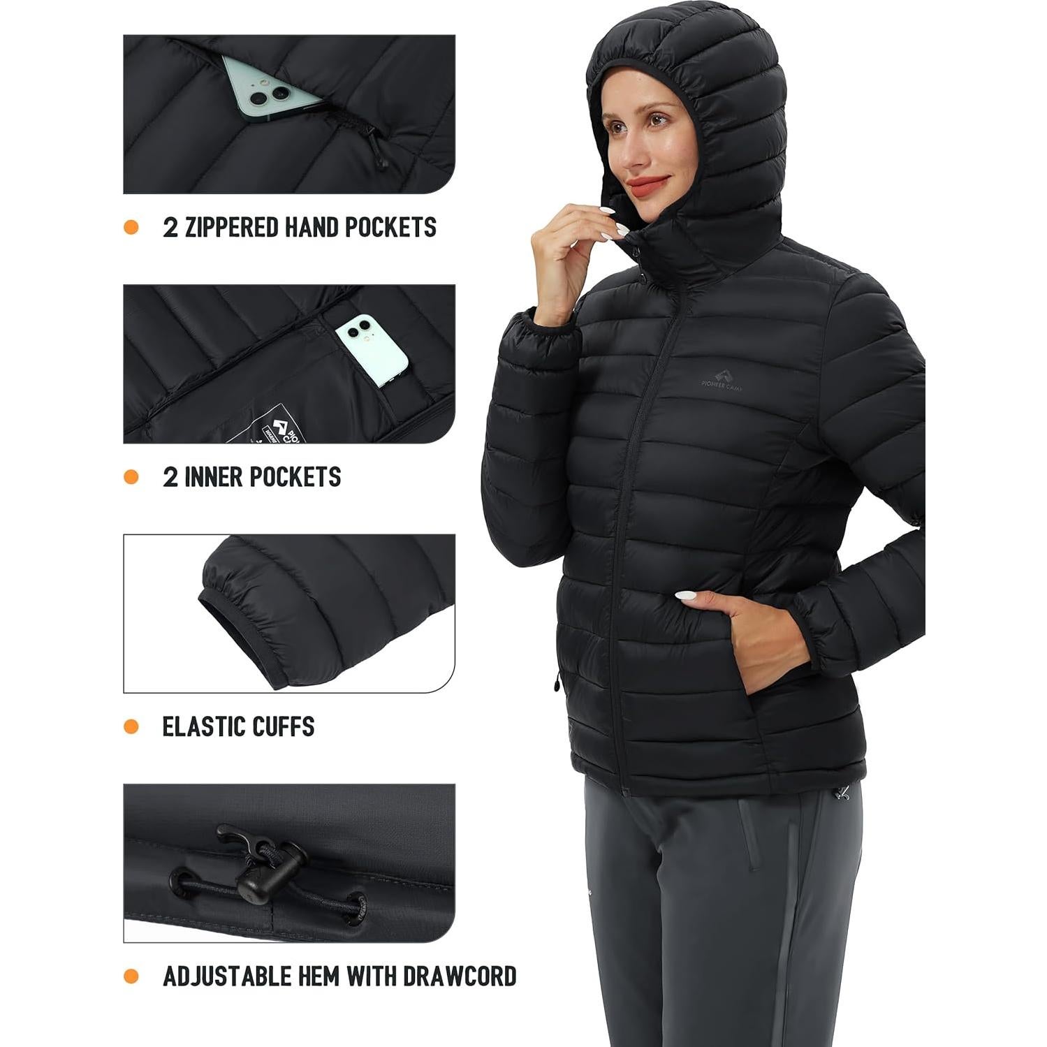 Chaqueta Puffer Impermeable para Mujeres Pioneer Camp Negra
