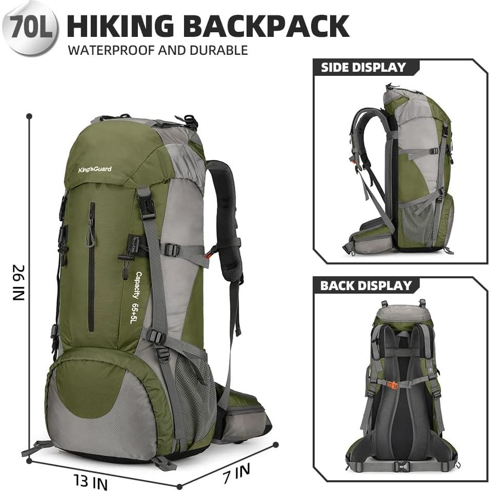 Mochila de Senderismo King'sGuard 70L Impermeable Verde Militar