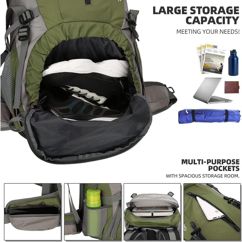 Mochila de Senderismo King'sGuard 70L Impermeable Verde Militar