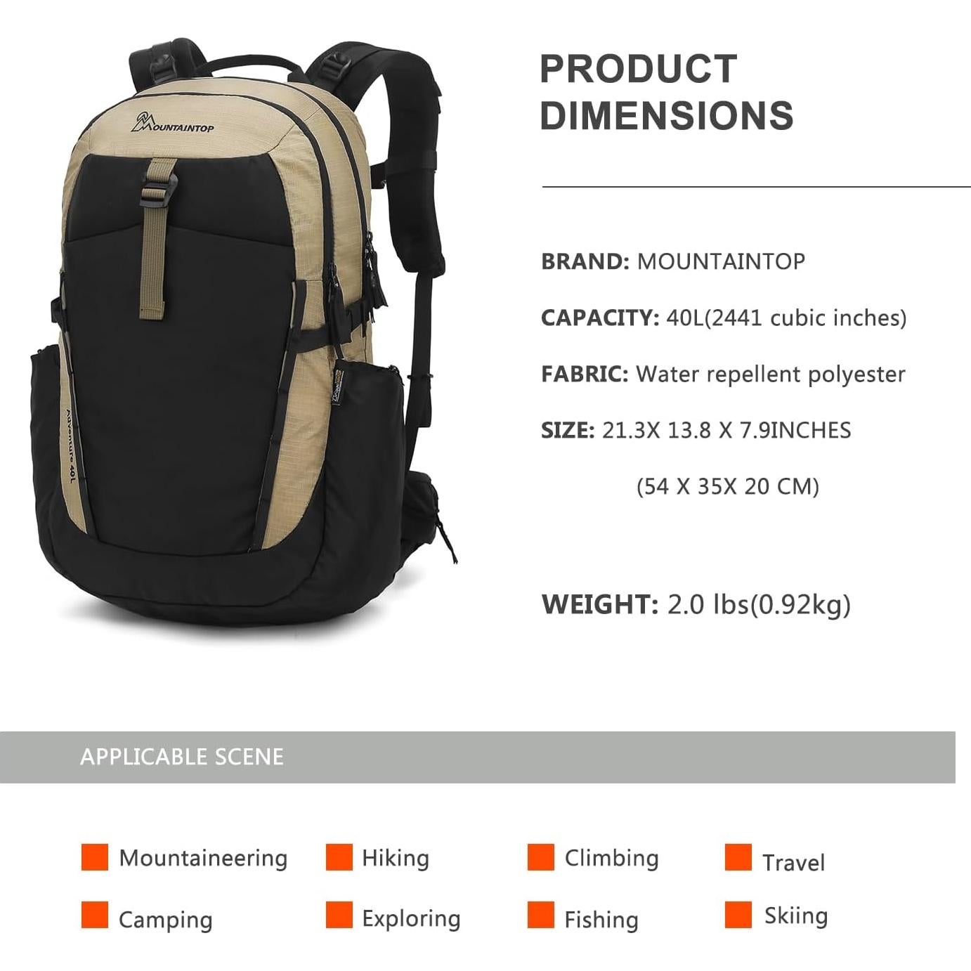 Mochila de Senderismo MOUNTAINTOP 40L Unisex Resistente y Ligera