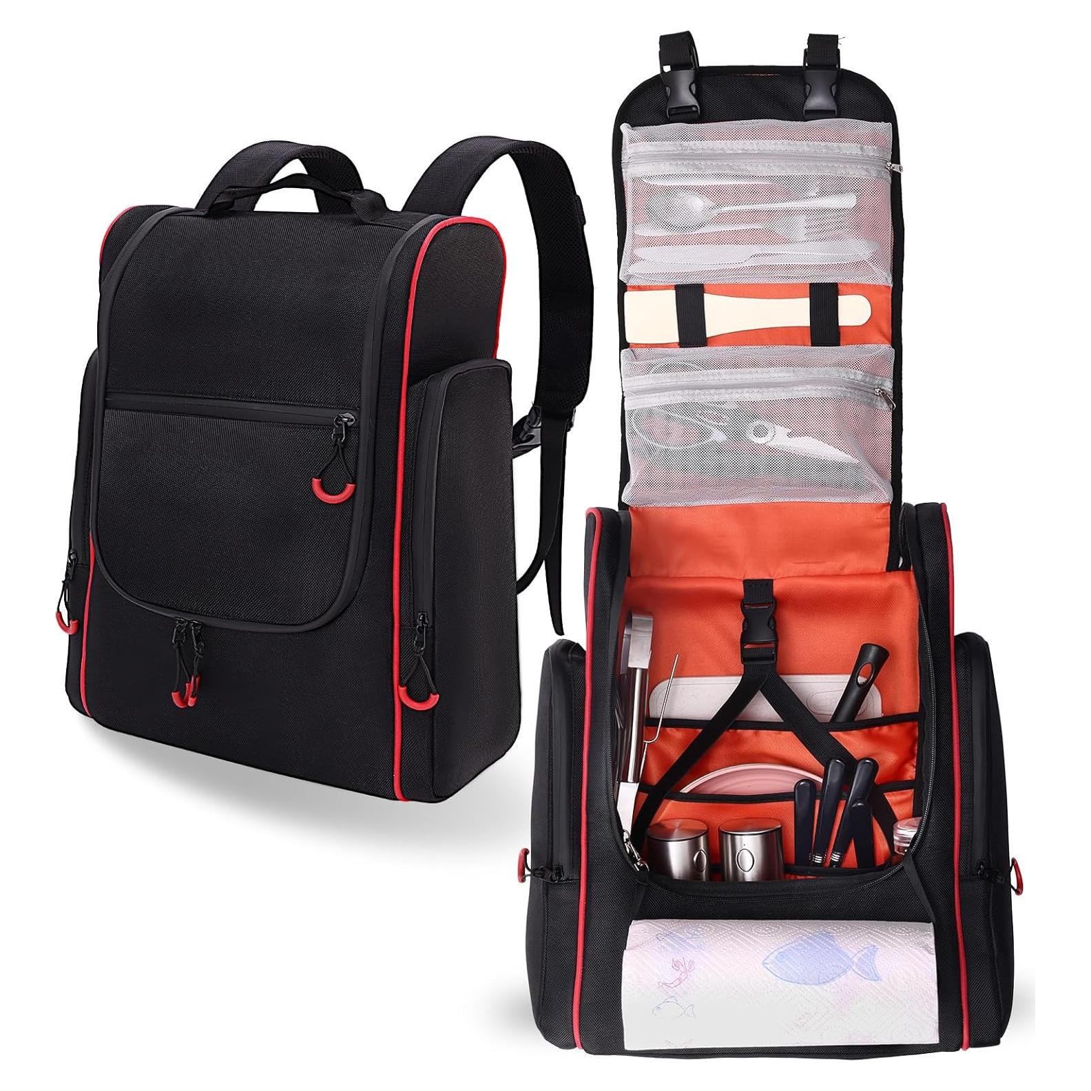 Large Waterproof Camp Kitchen Organizer Backpack, Hanging Outdoor Cooking Utensil Storage with Multi-Pockets, Paper Towel Holder & Carry Straps for Camping, BBQ Grilling, Hiking (Bag Only)