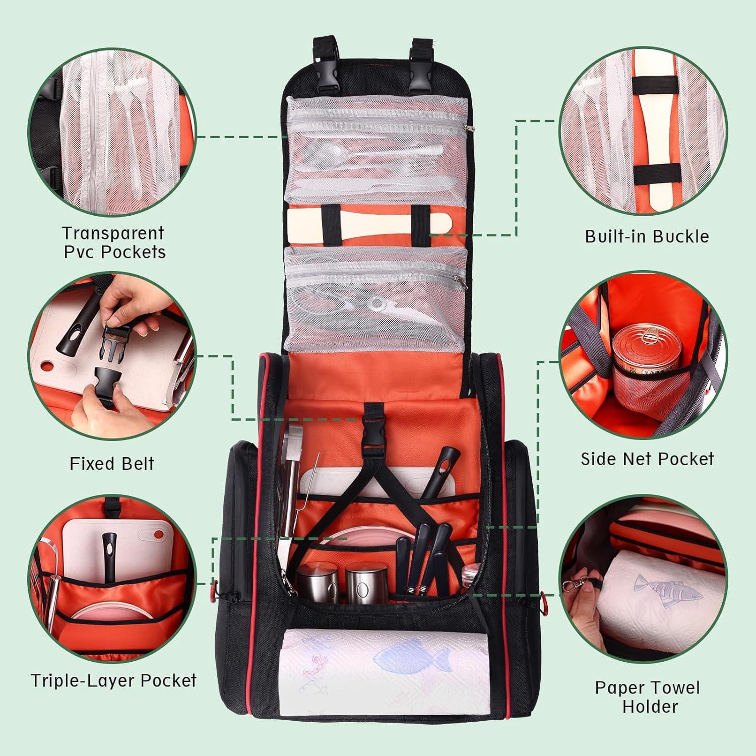 Large Waterproof Camp Kitchen Organizer Backpack, Hanging Outdoor Cooking Utensil Storage with Multi-Pockets, Paper Towel Holder & Carry Straps for Camping, BBQ Grilling, Hiking (Bag Only)
