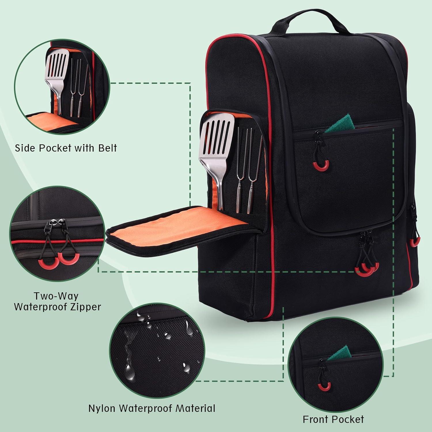 Large Waterproof Camp Kitchen Organizer Backpack, Hanging Outdoor Cooking Utensil Storage with Multi-Pockets, Paper Towel Holder & Carry Straps for Camping, BBQ Grilling, Hiking (Bag Only)