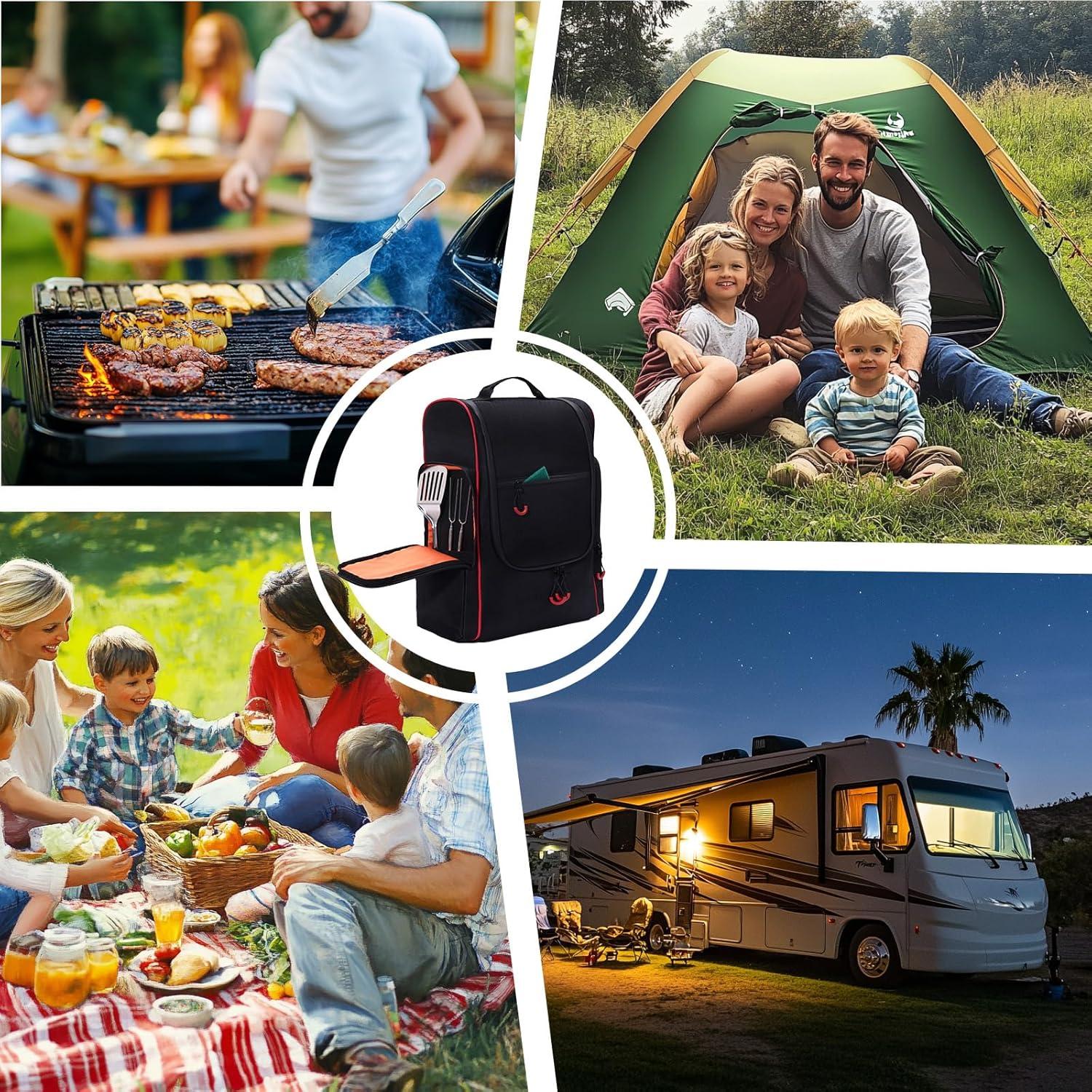 Large Waterproof Camp Kitchen Organizer Backpack, Hanging Outdoor Cooking Utensil Storage with Multi-Pockets, Paper Towel Holder & Carry Straps for Camping, BBQ Grilling, Hiking (Bag Only)