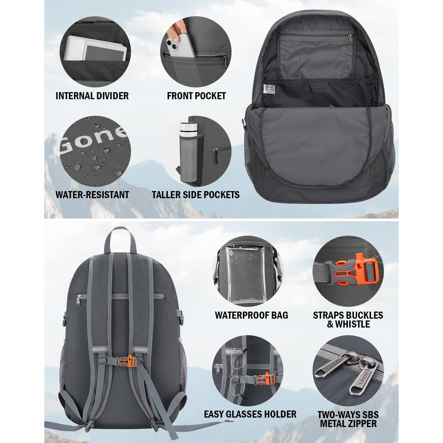 Mochila Plegable Gonex 30L Ultra Ligera Gris para Senderismo