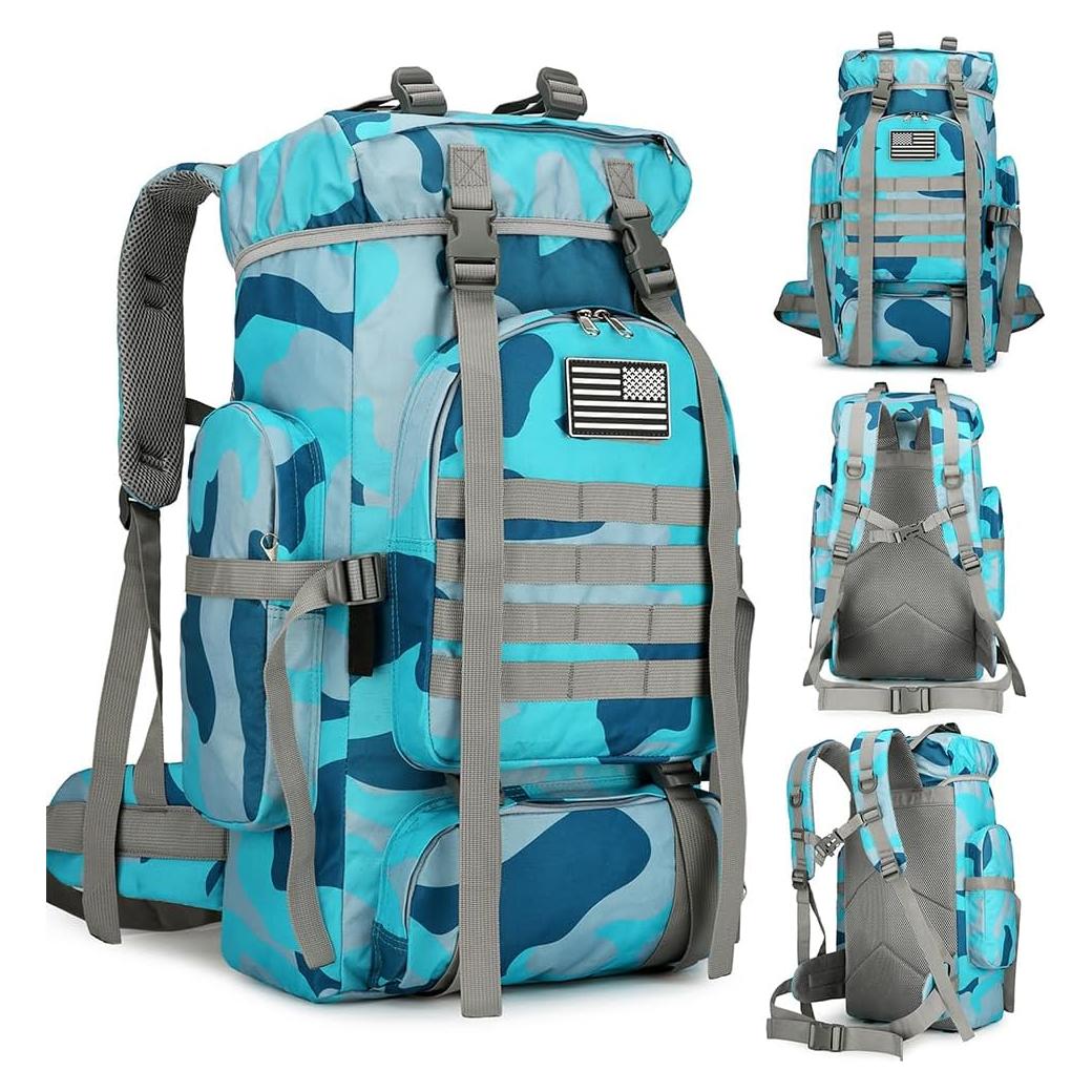 Mochila de senderismo 45L impermeable ligera Camo azul