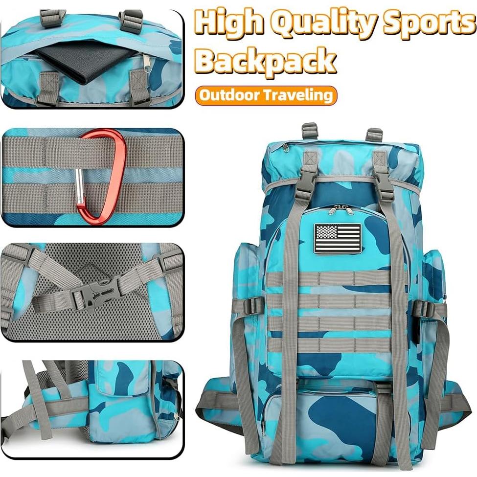 Mochila de senderismo 45L impermeable ligera Camo azul