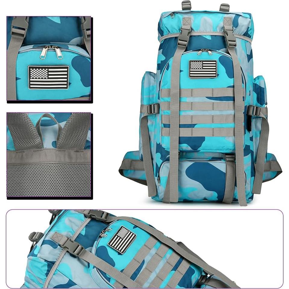 Mochila de senderismo 45L impermeable ligera Camo azul