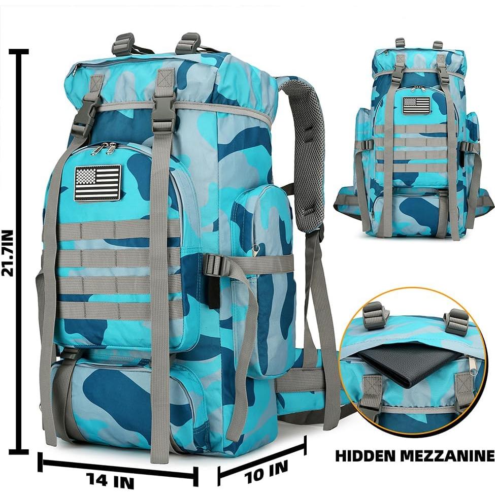 Mochila de senderismo 45L impermeable ligera Camo azul