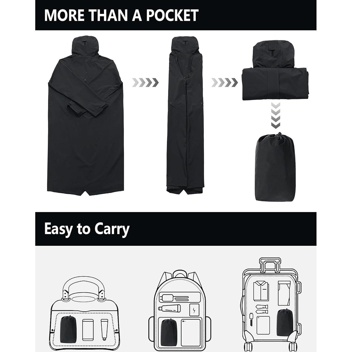 Chaqueta de Lluvia Impermeable para Hombre UIQUR Plegable Negra