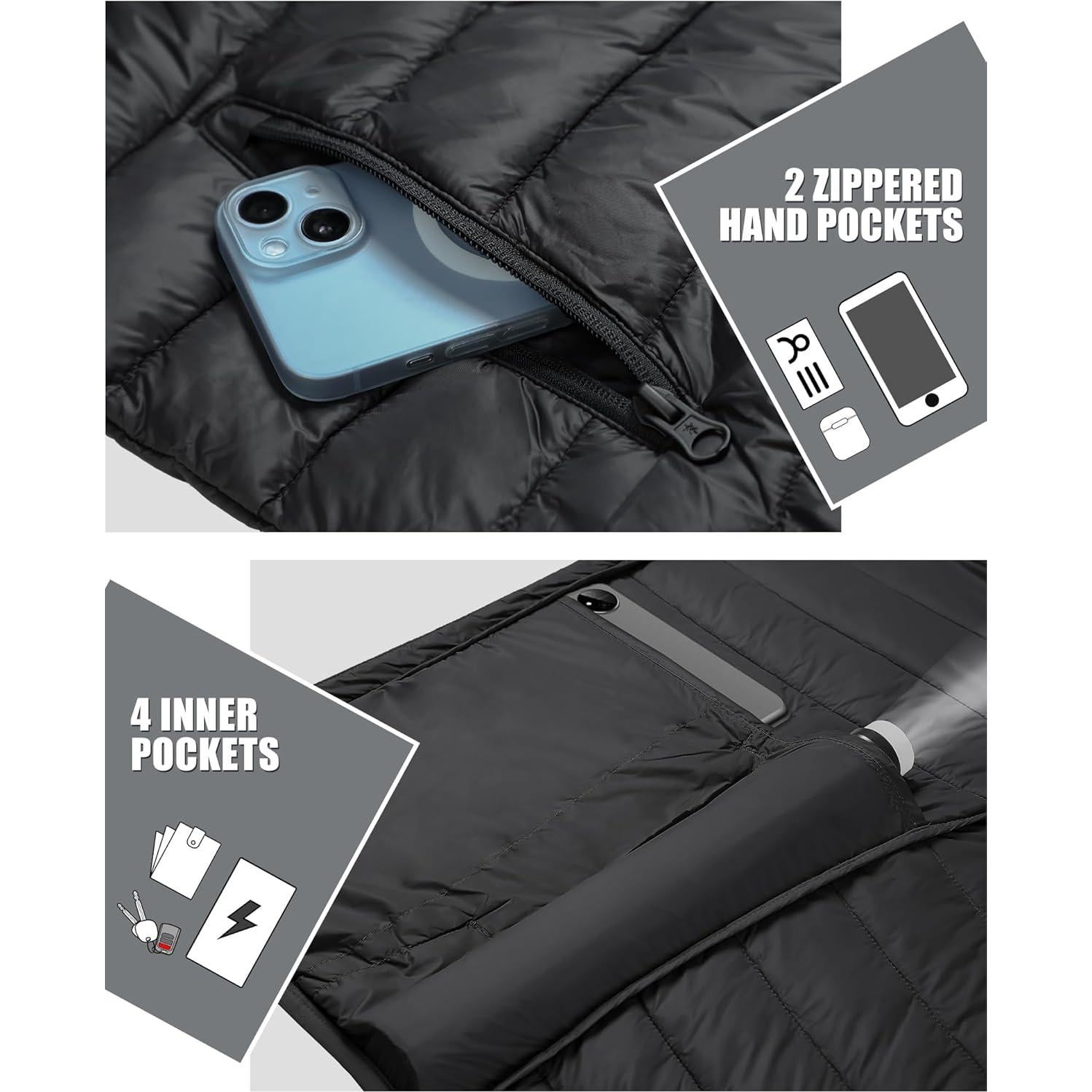 Chaqueta Puffer Ligera Hombre Aislante Térmico Negra 6 Bolsillos