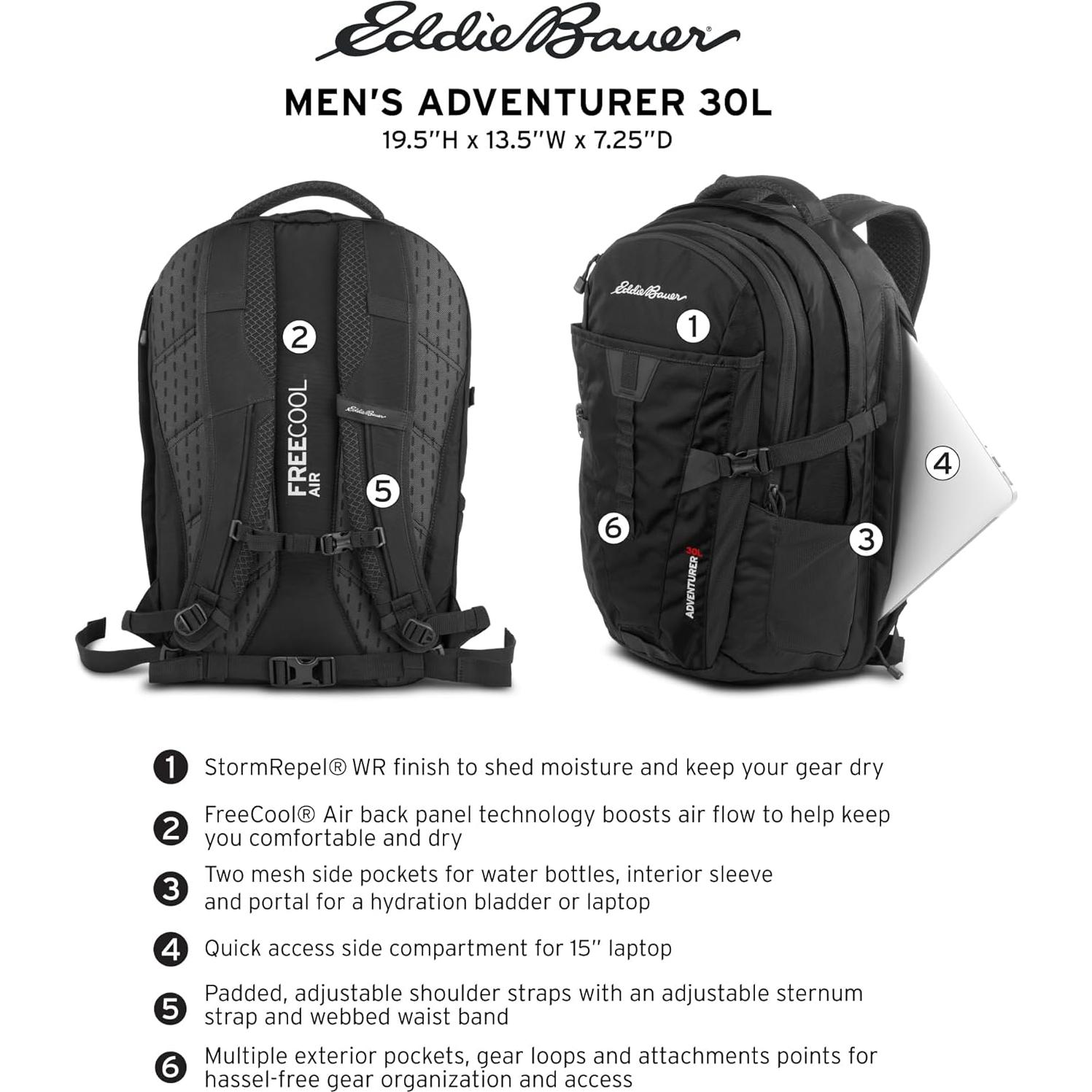 Mochila Eddie Bauer Aventurero 30L Negra con Compartimentos