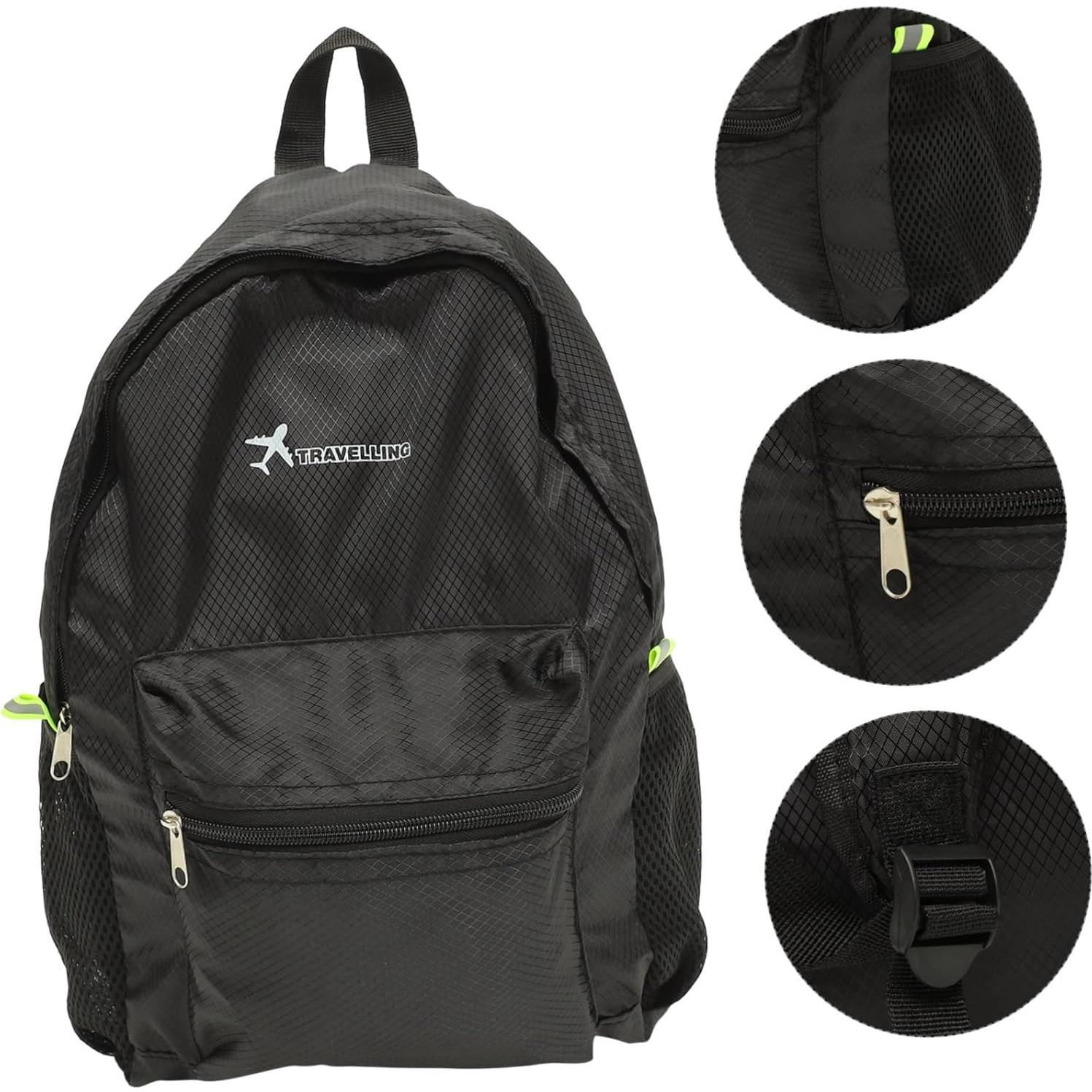 Yardwe Foldable Backpack Diamond Grid Pattern Travel Hiking Picnic Daypack Black Random Color