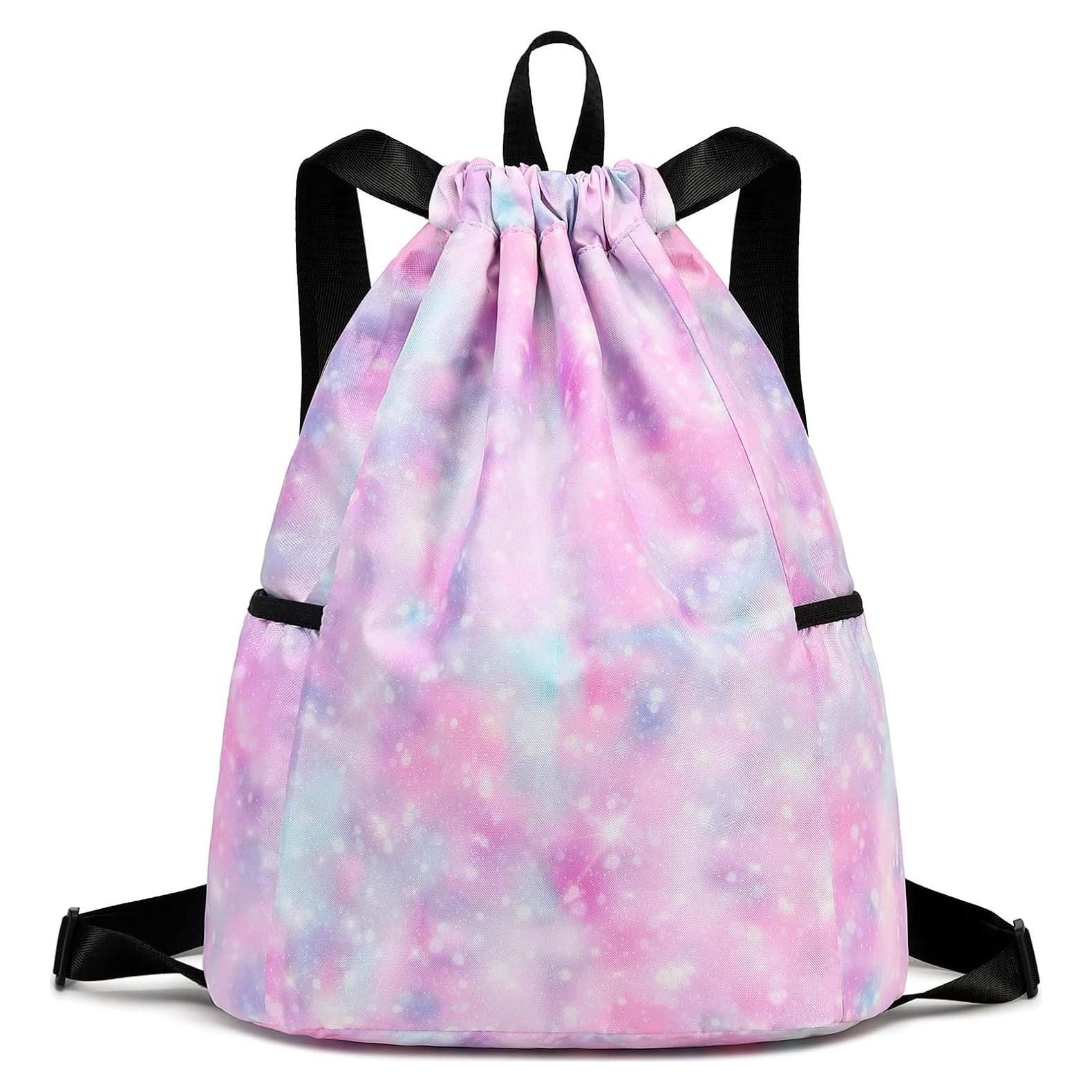 Kids Drawstring Bag - Swim Sports Beach Camp Backpack for Boys & Girls, Galaxy Pink