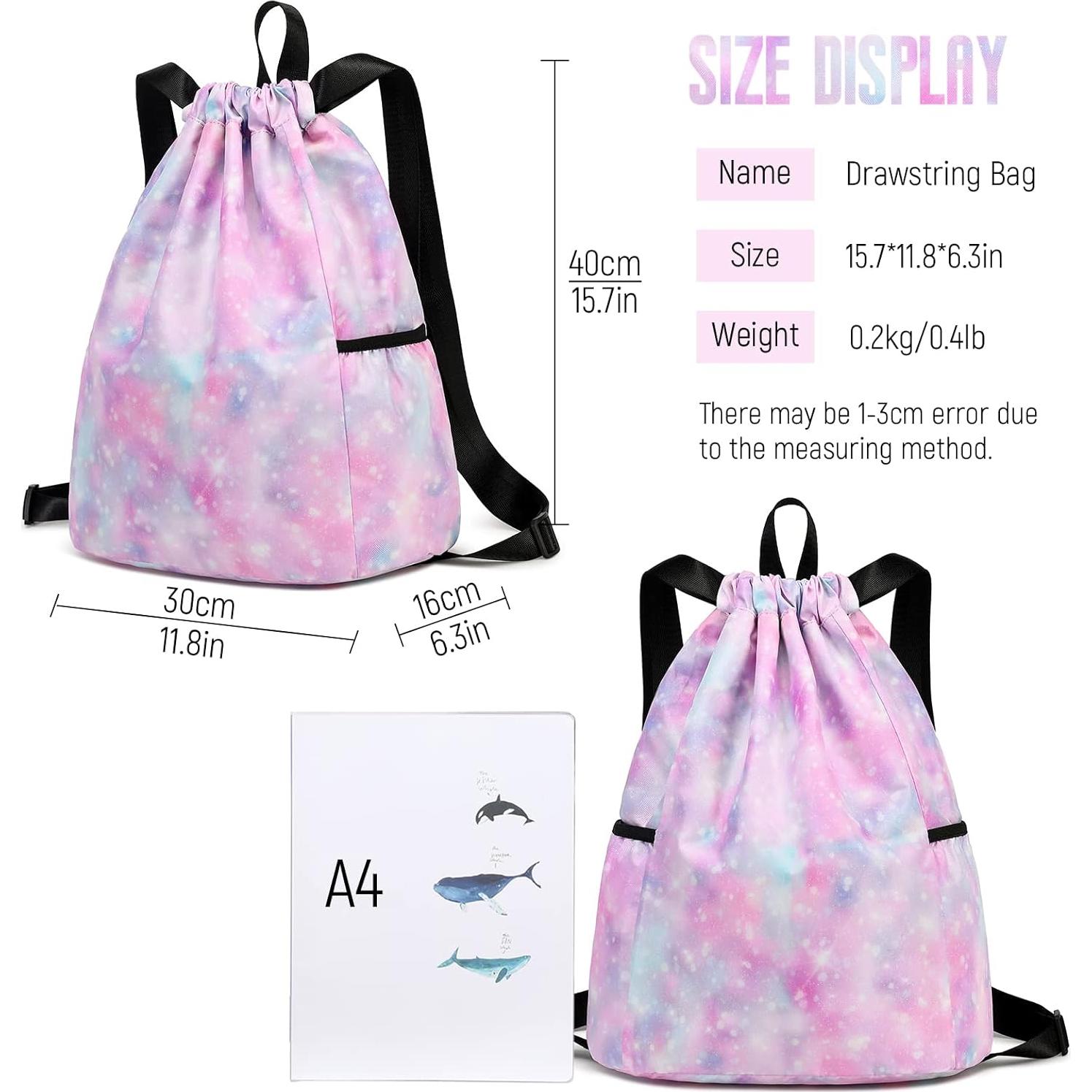 Kids Drawstring Bag - Swim Sports Beach Camp Backpack for Boys & Girls, Galaxy Pink