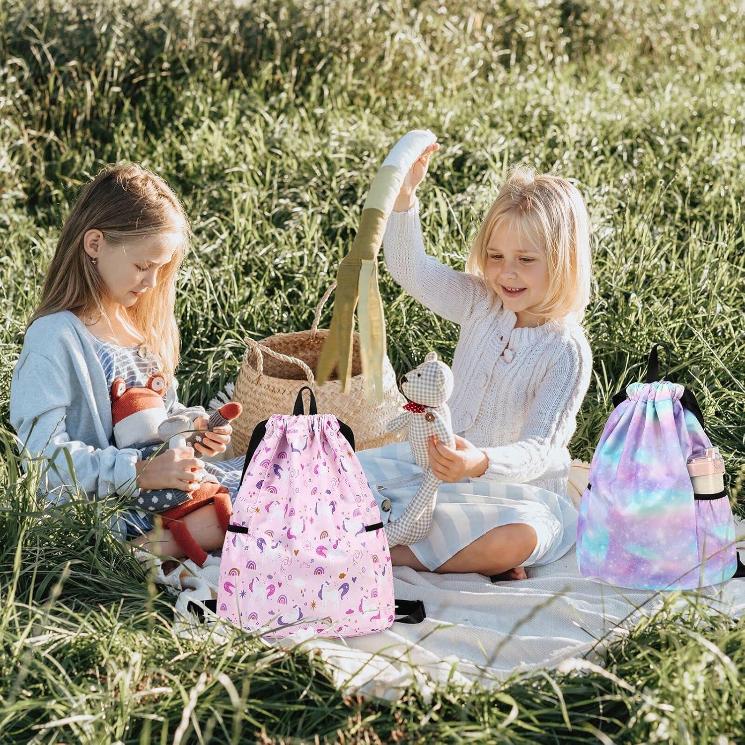 Kids Drawstring Bag - Swim Sports Beach Camp Backpack for Boys & Girls, Galaxy Pink