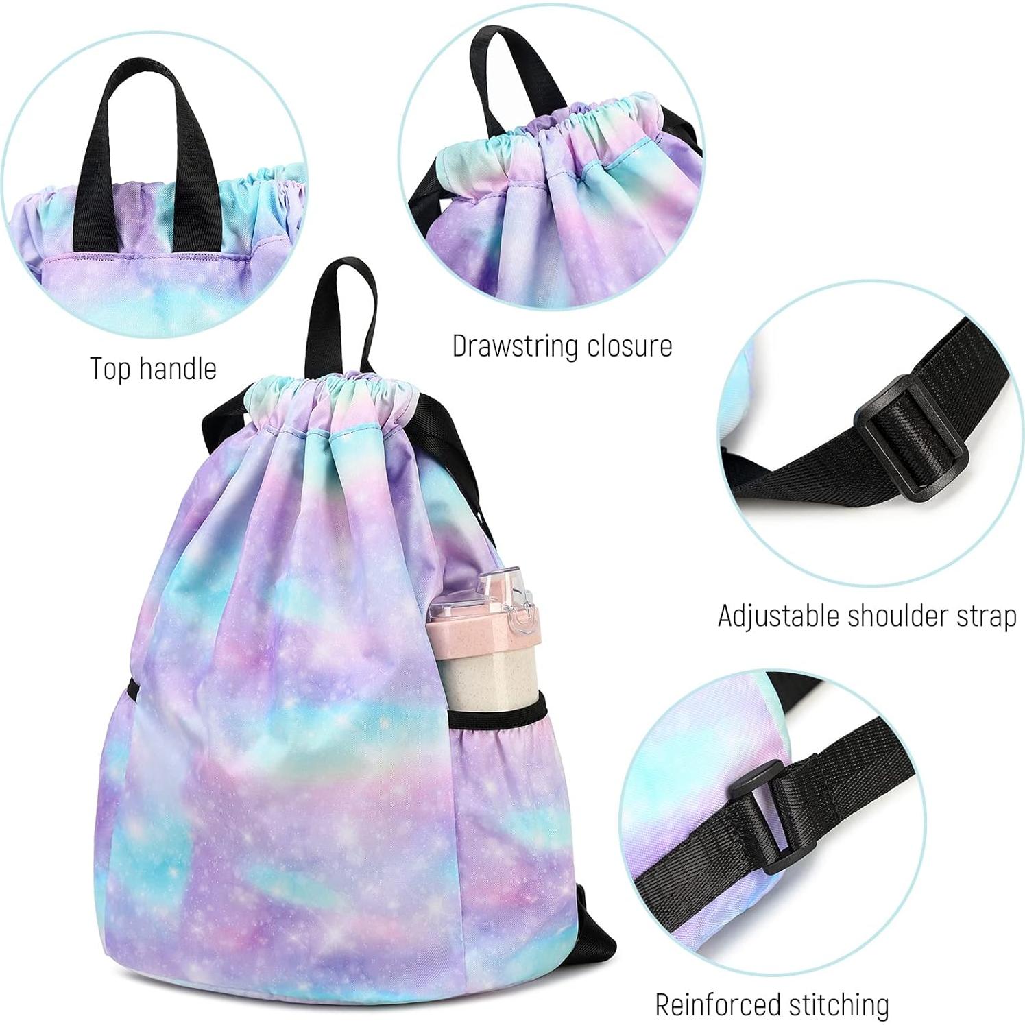 Kids Drawstring Bag - Swim Sports Beach Camp Backpack for Boys & Girls, Galaxy Pink