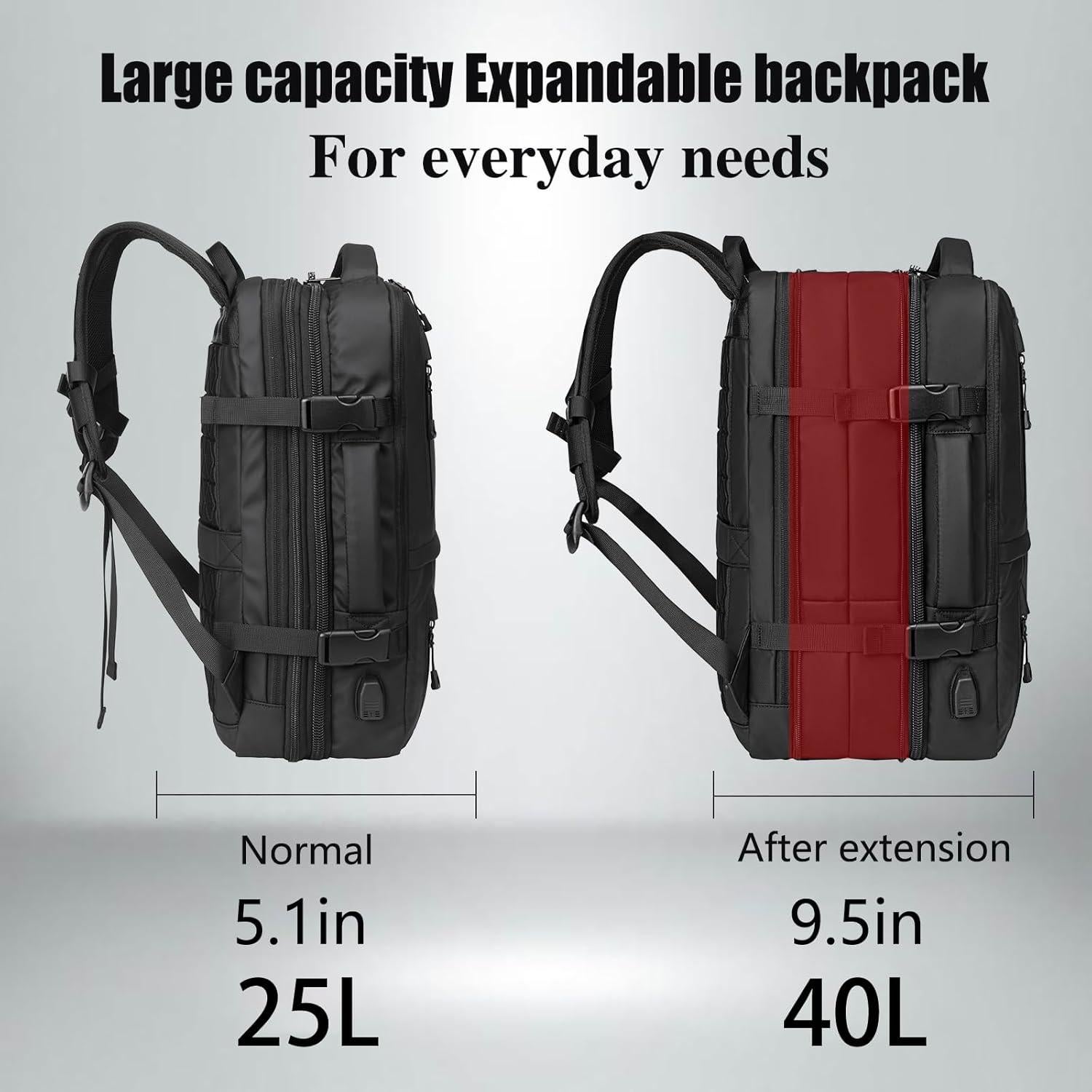 Mochila de viaje expandible 40L con puerto USB y compartimento para laptop 17"