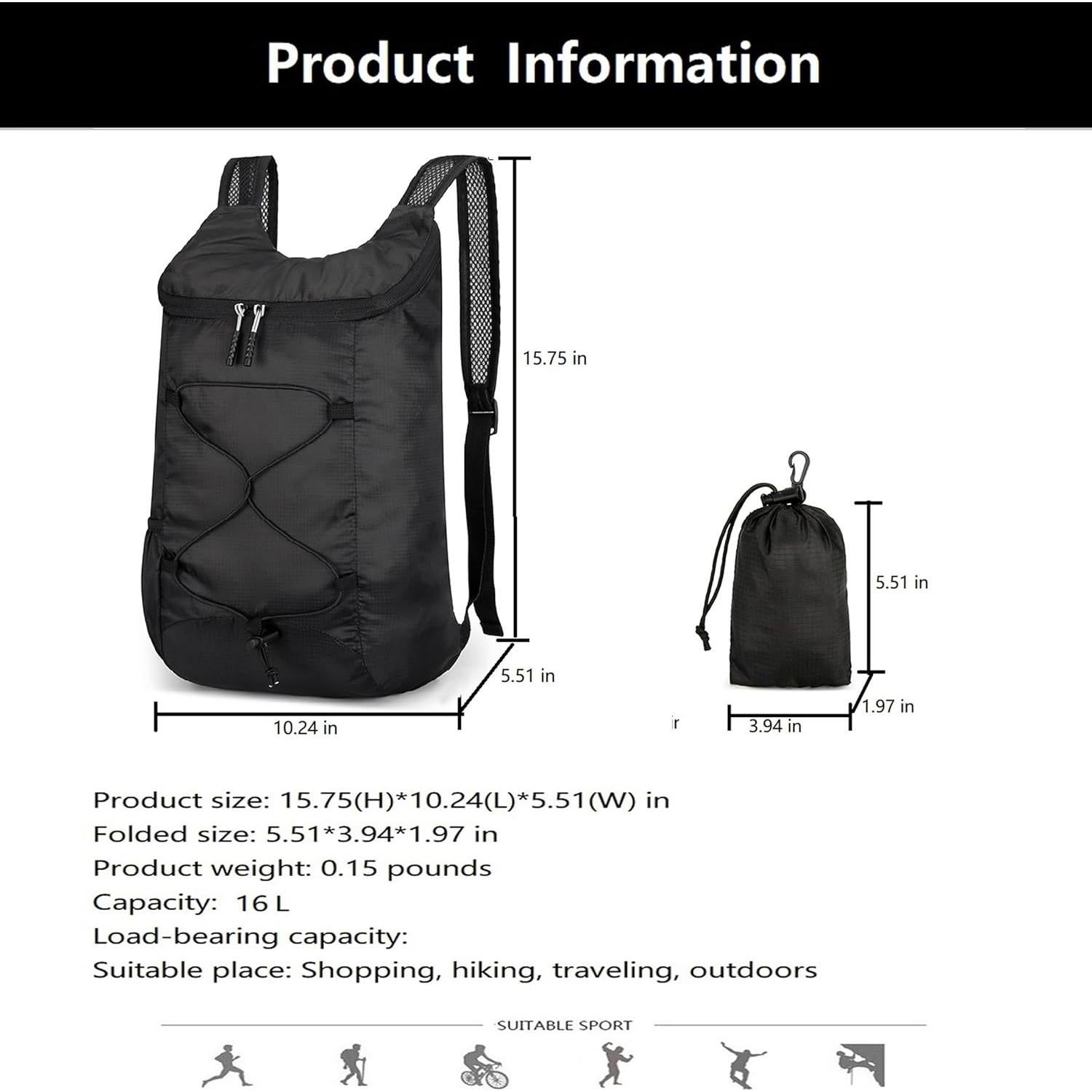 Mochila de Senderismo Plegable 16L Resistente al Agua B100 Negra